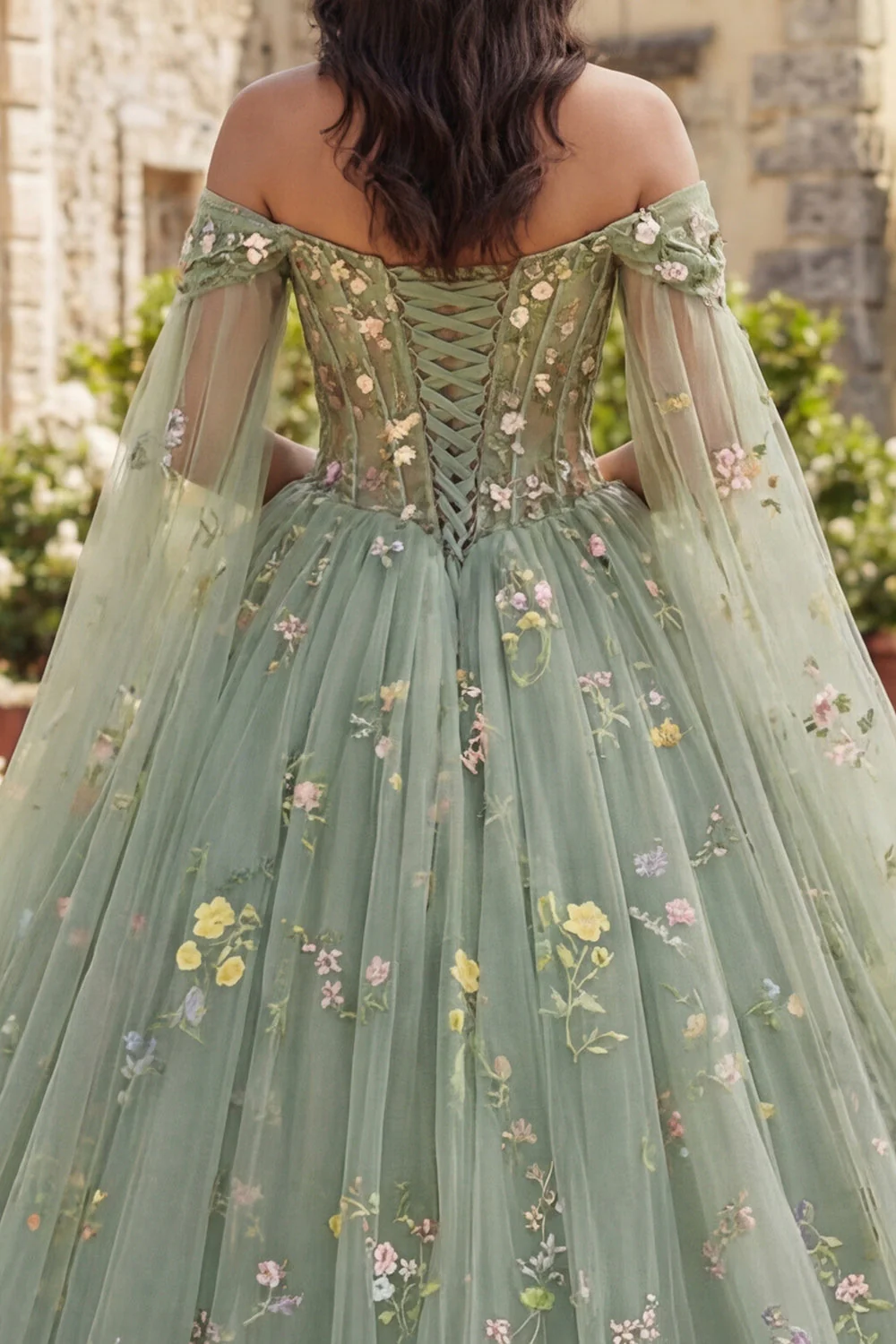 Off The Shoulder Green Ball Gown Floral Quinceanera Dress with Cape Sleeves - Image 4