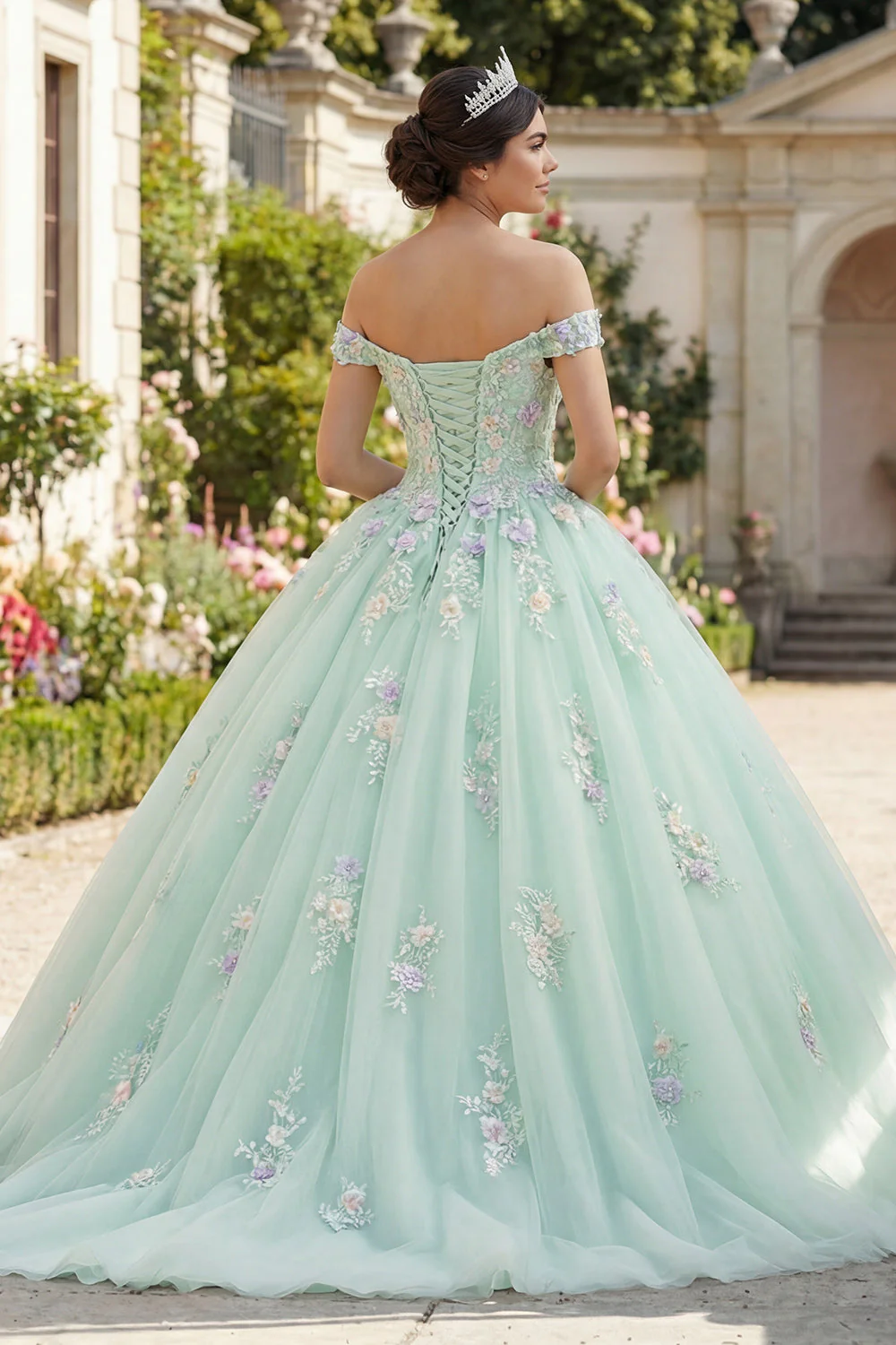 Off The Shoulder Green Ball Gown Quinceanera Dress with 3D Flowers - Image 2