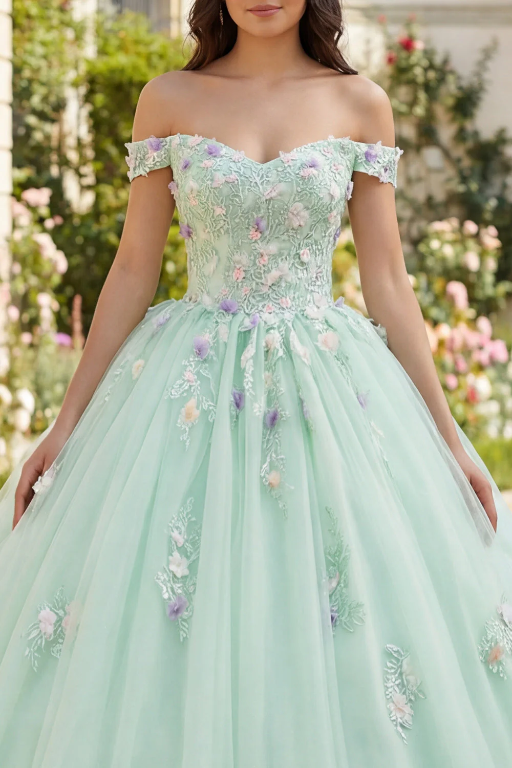 Off The Shoulder Green Ball Gown Quinceanera Dress with 3D Flowers - Image 3
