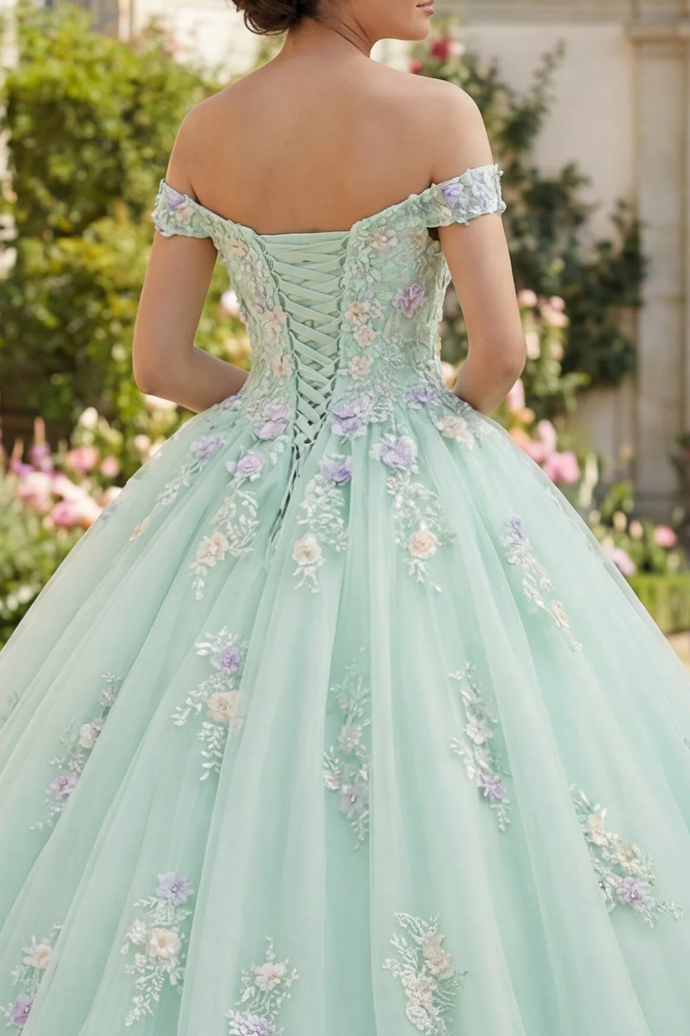 Off The Shoulder Green Ball Gown Quinceanera Dress with 3D Flowers - Image 4