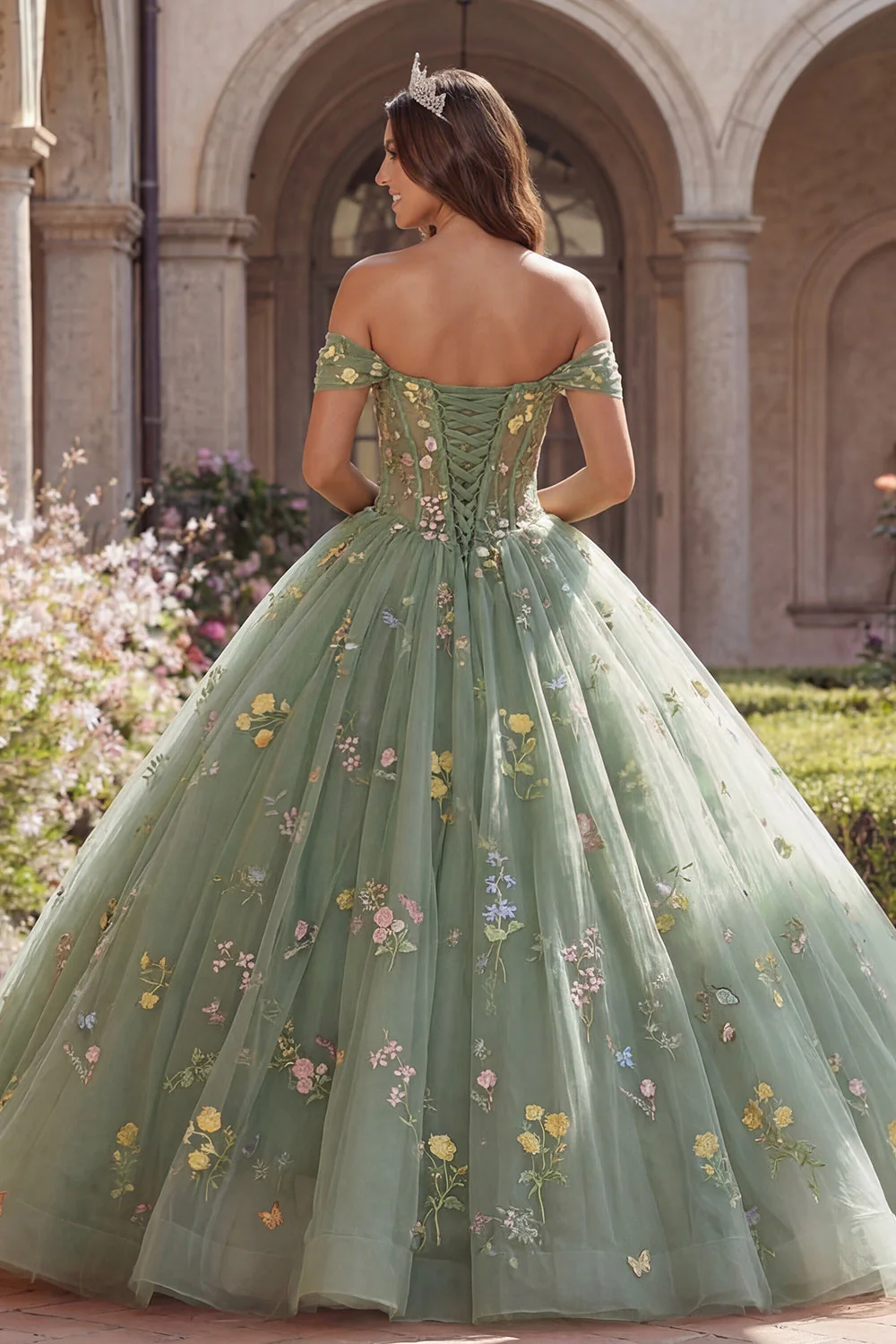 Off The Shoulder Green Corset Ball Gown Floral Quinceanera Dress - Image 2