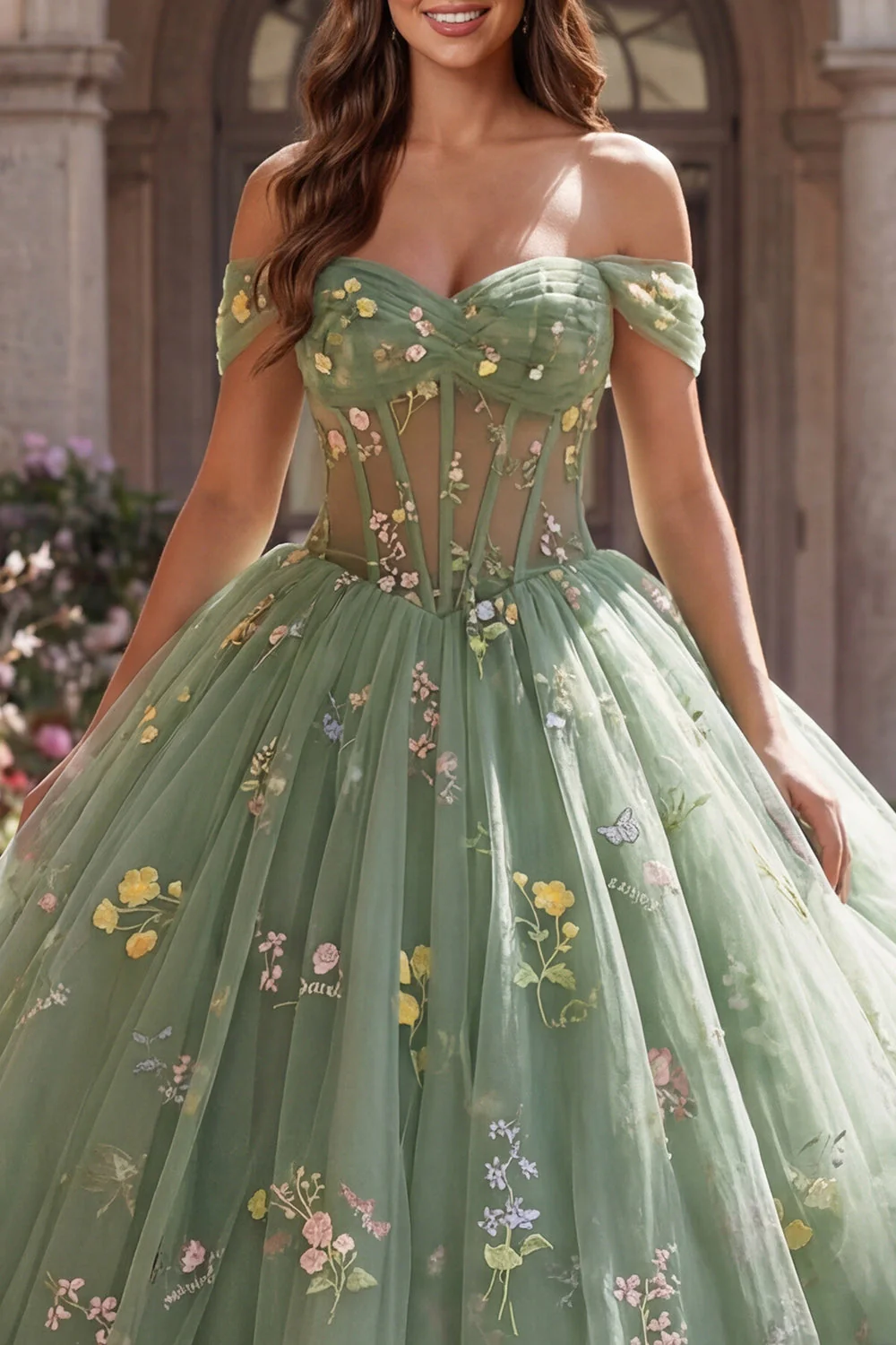 Off The Shoulder Green Corset Ball Gown Floral Quinceanera Dress - Image 3