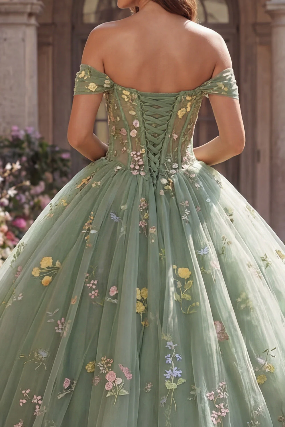 Off The Shoulder Green Corset Ball Gown Floral Quinceanera Dress - Image 4