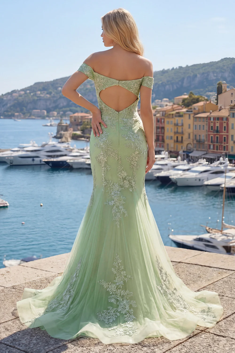 Off The Shoulder Green Corset Mermaid Long Prom Dress with Back Keyhole - Image 2