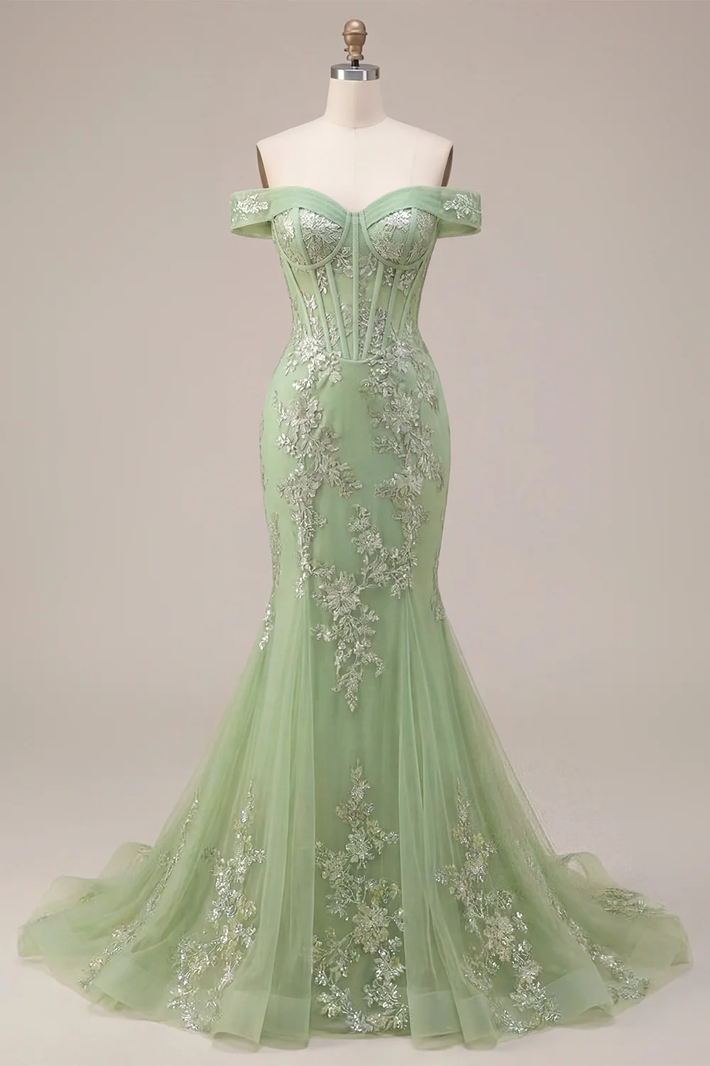 Off The Shoulder Green Corset Mermaid Long Prom Dress with Back Keyhole - Image 3