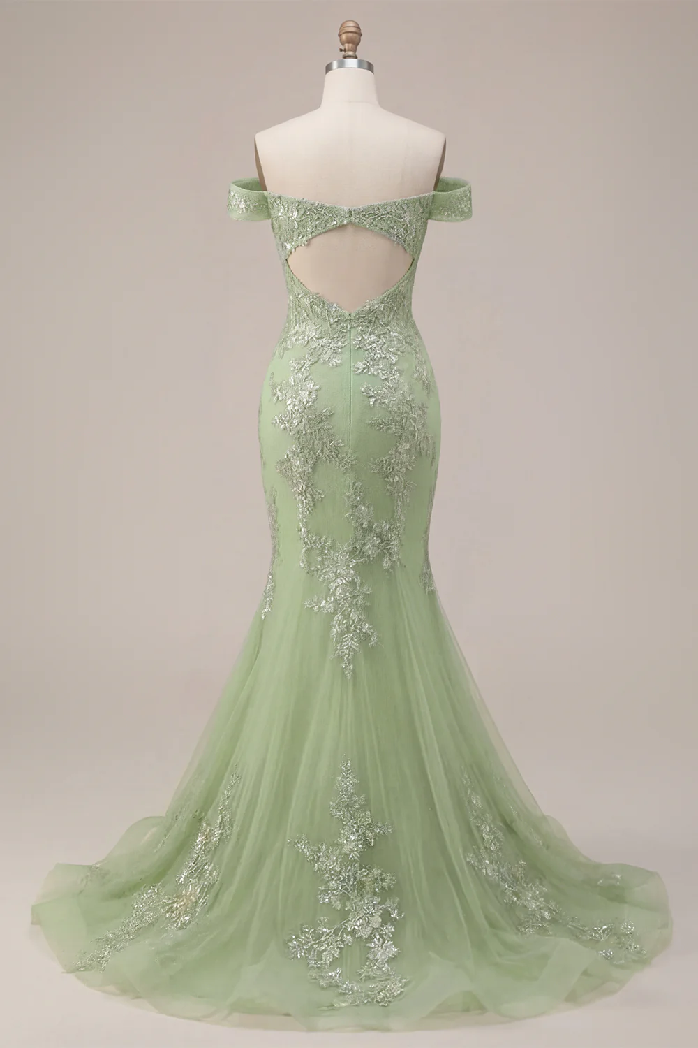 Off The Shoulder Green Corset Mermaid Long Prom Dress with Back Keyhole - Image 4