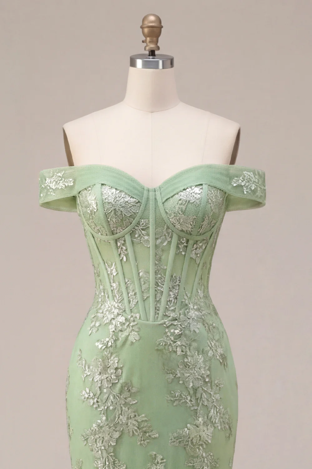 Off The Shoulder Green Corset Mermaid Long Prom Dress with Back Keyhole - Image 5