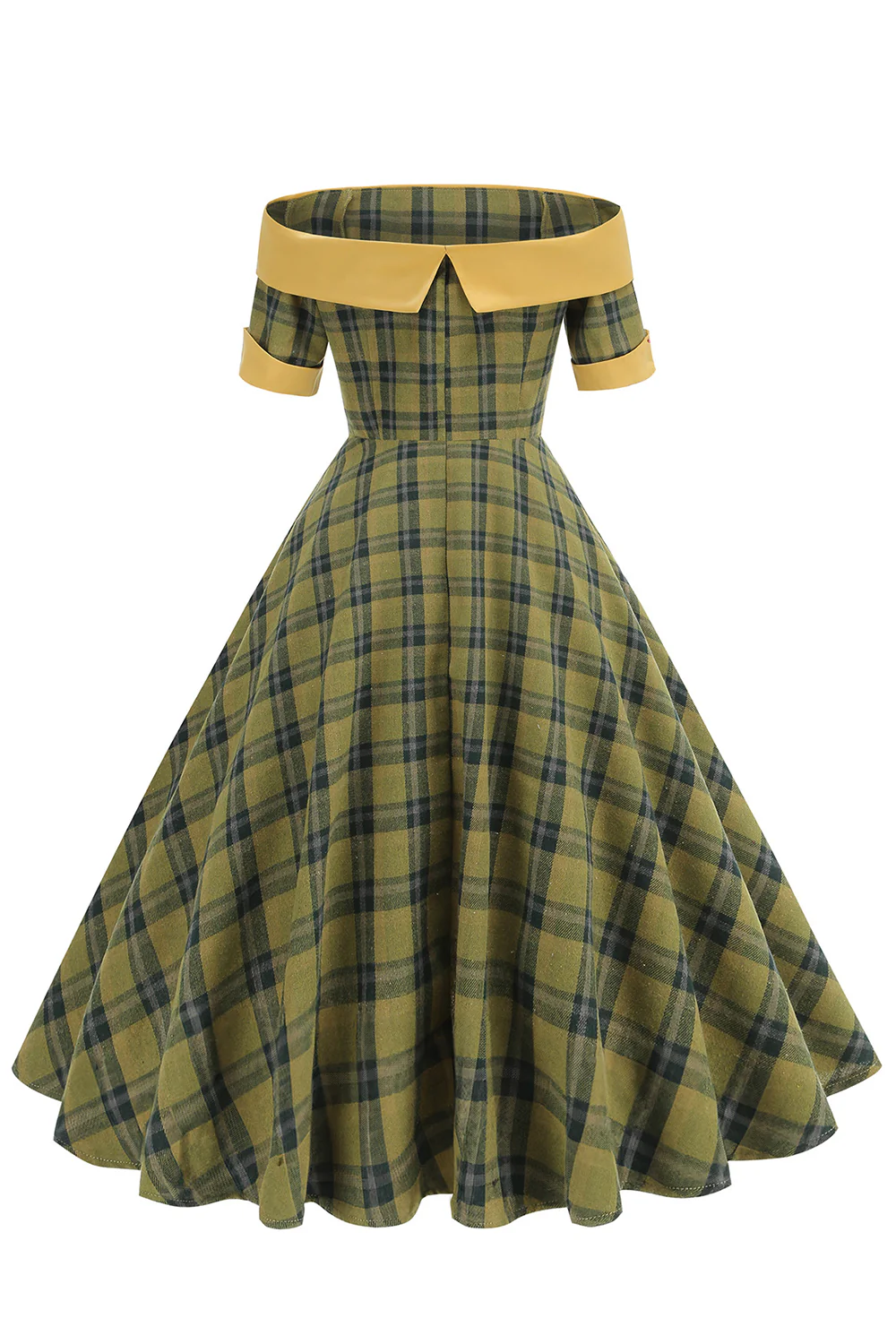 Off The Shoulder Green Grid Vintage 1950s Dress - Image 2