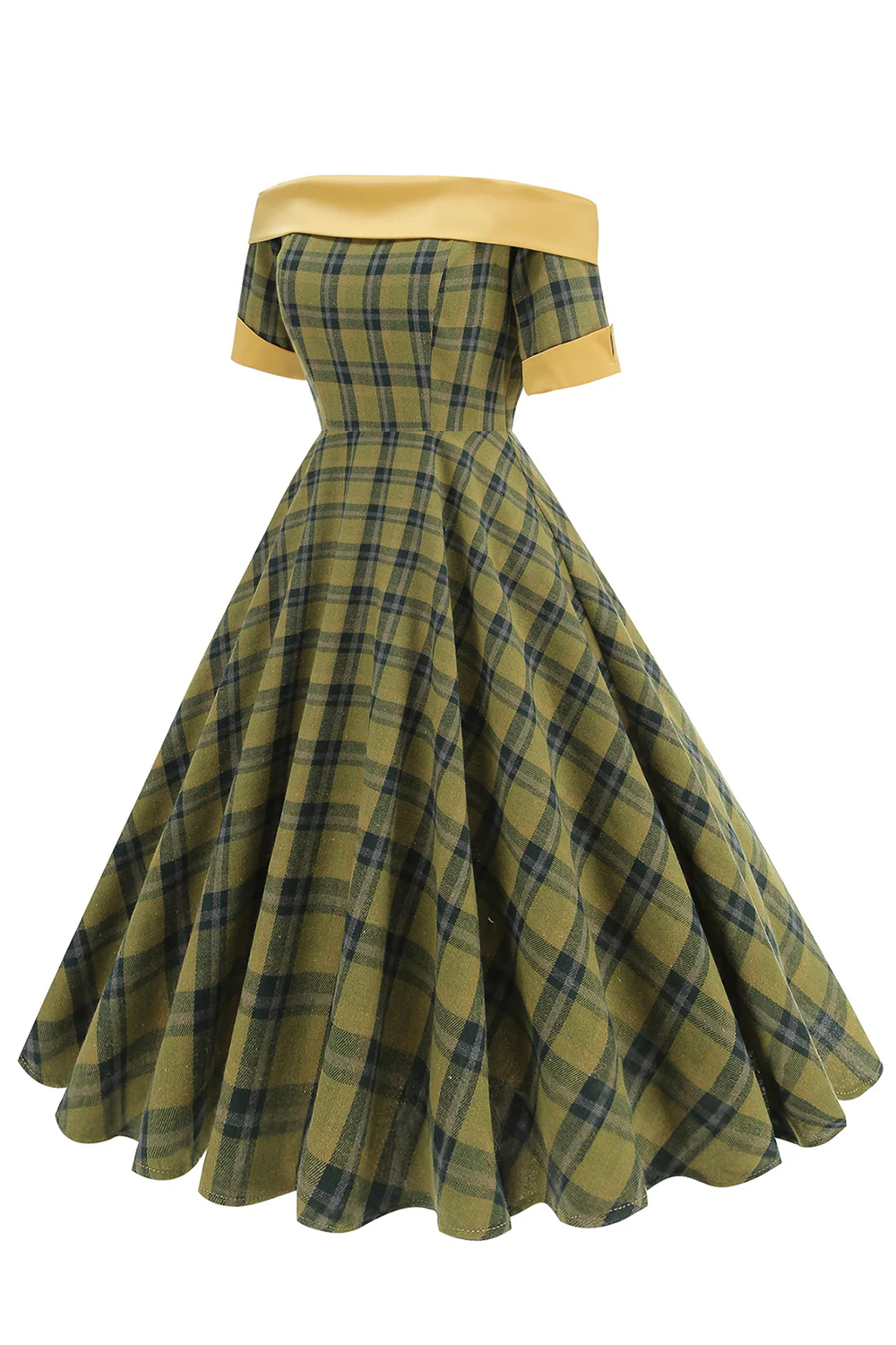 Off The Shoulder Green Grid Vintage 1950s Dress - Image 3