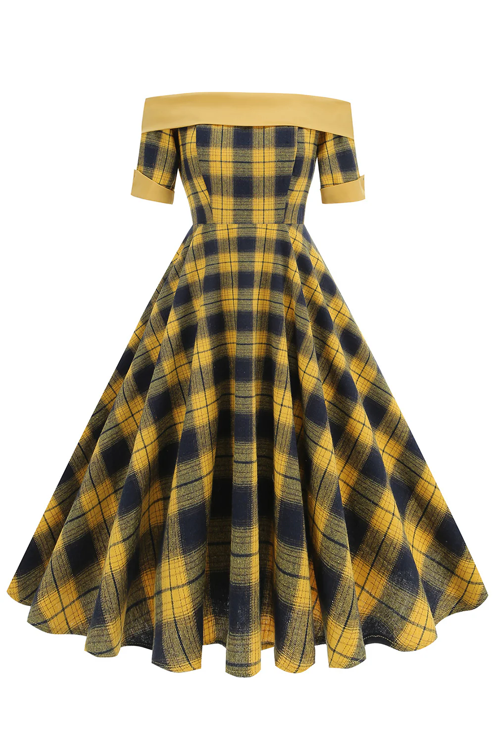 Off The Shoulder Green Grid Vintage 1950s Dress - Image 6