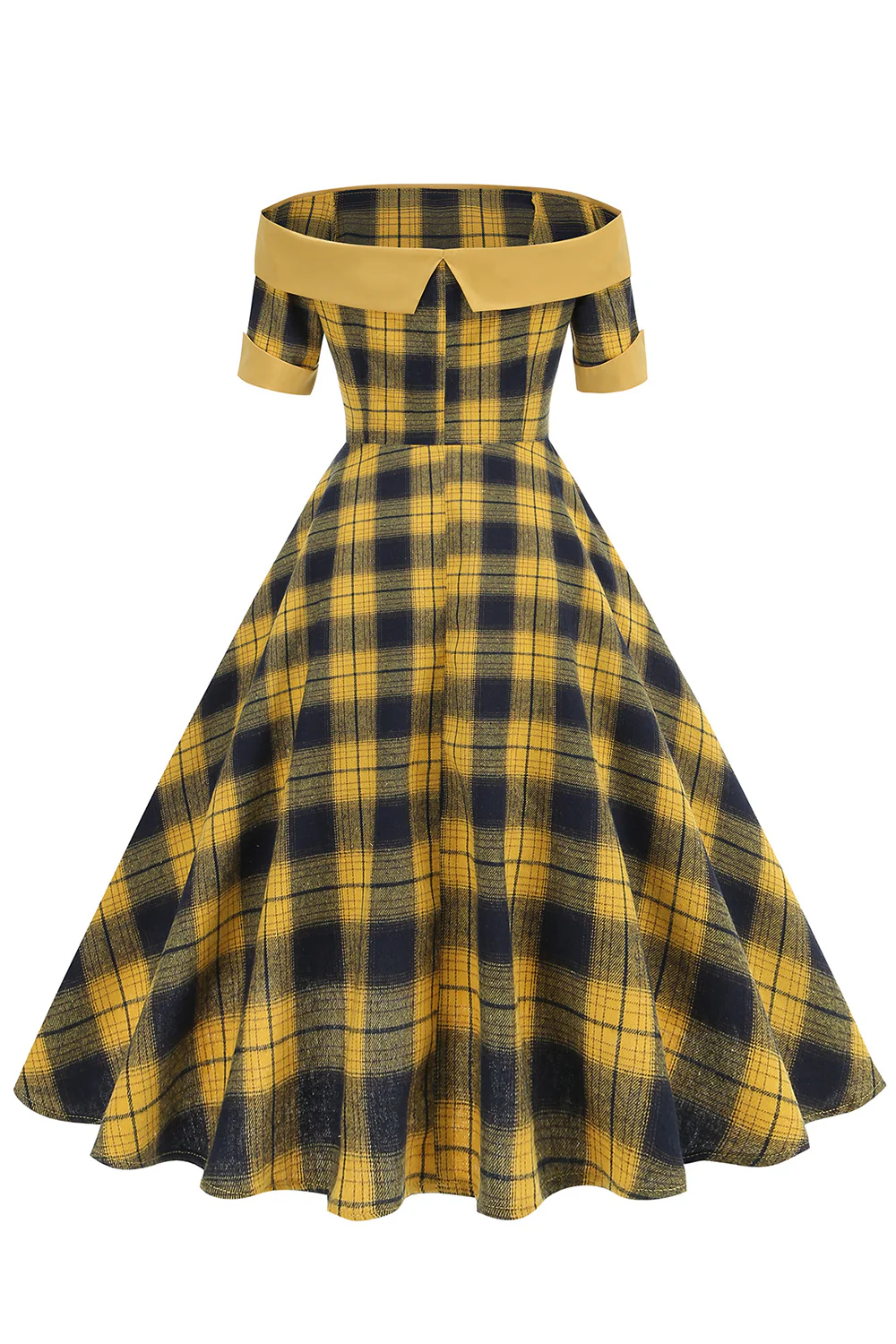 Off The Shoulder Green Grid Vintage 1950s Dress - Image 7