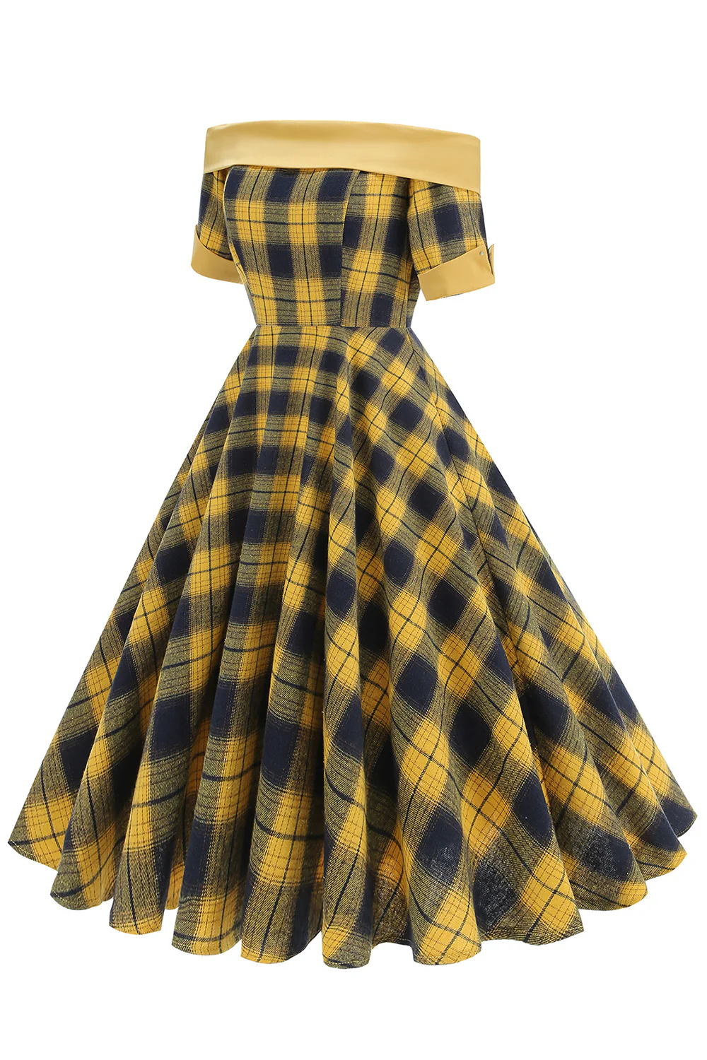 Off The Shoulder Green Grid Vintage 1950s Dress - Image 8