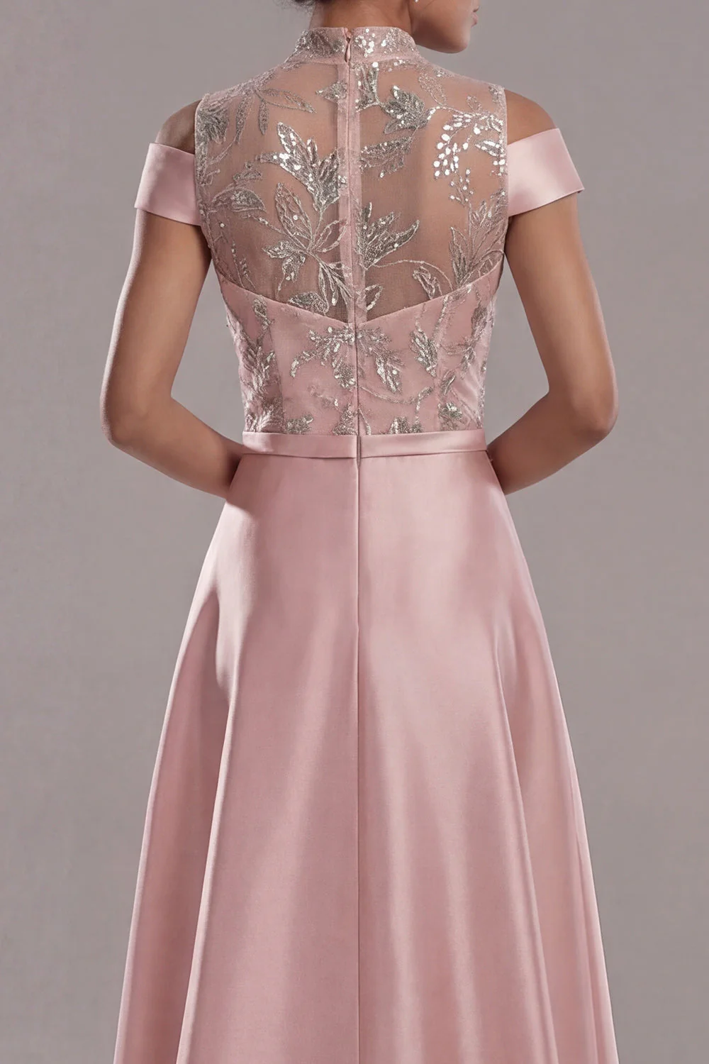 Off The Shoulder Cut Out A Line Pink Sequin Mother of the Bride Dress - Image 4