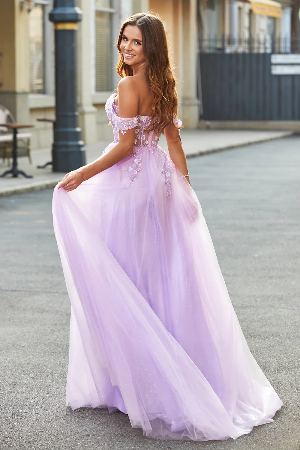 Off The Shoulder Lilac A-Line Beaded Corset Prom Dress - Image 2