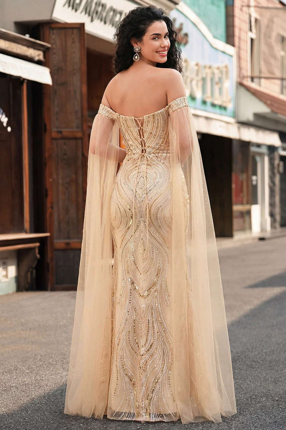 Off the Shoulder Champagne Mermaid Sequin Long Prom Dress with Cape Sleeves - Image 2