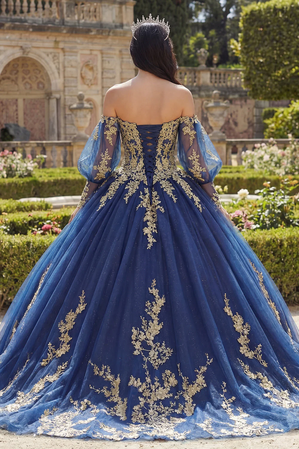 Off The Shoulder Navy Appliqued Long Sleeve Ball Gown Quinceanera Dress - Image 2