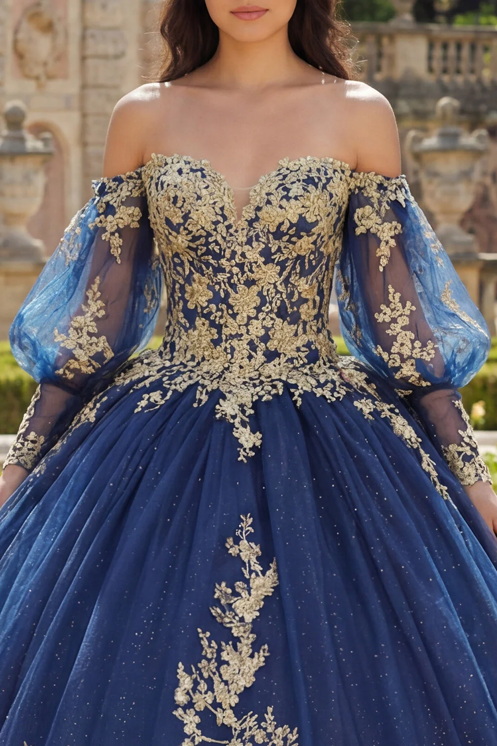 Off The Shoulder Navy Appliqued Long Sleeve Ball Gown Quinceanera Dress - Image 3