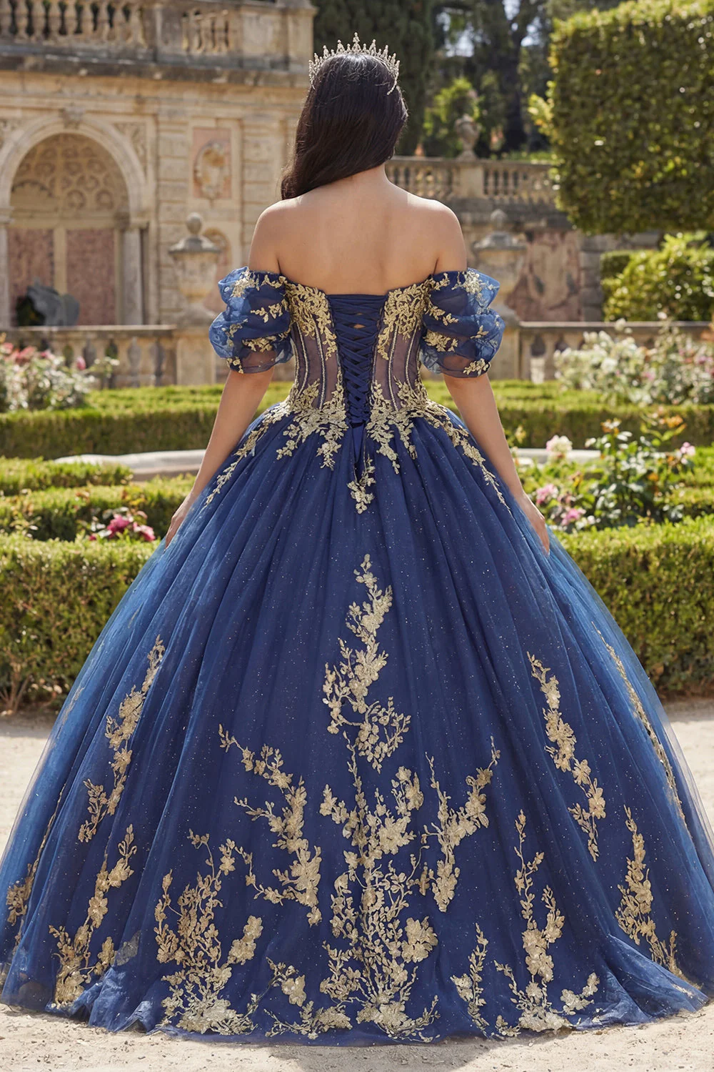 Off The Shoulder Navy Ball Gown Quinceanera Dress with Appliques - Image 2