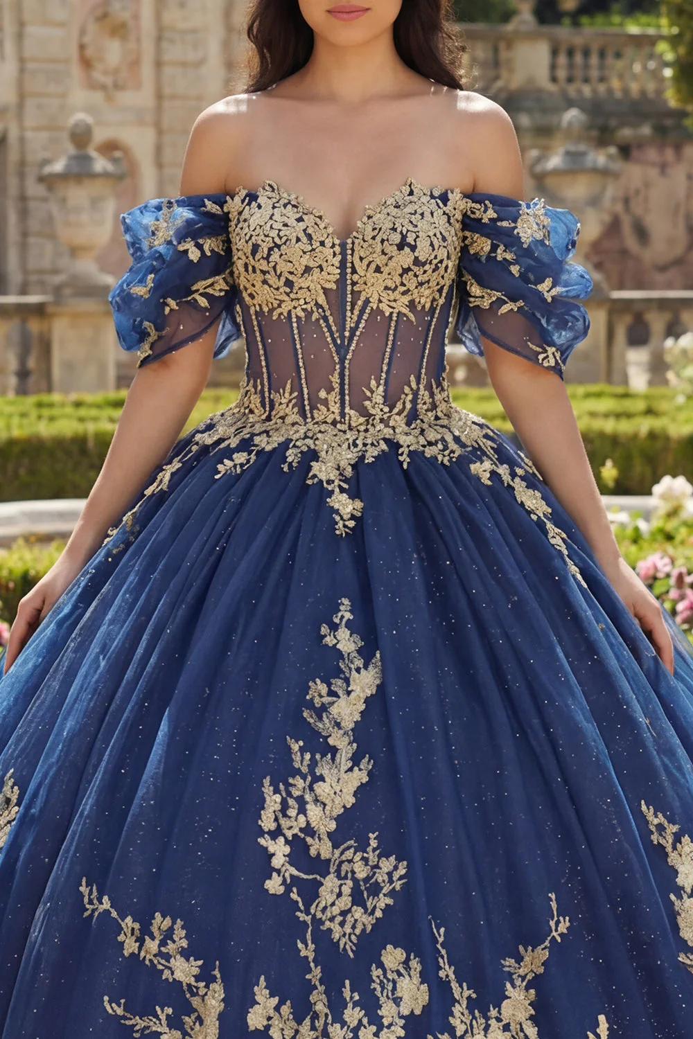 Off The Shoulder Navy Ball Gown Quinceanera Dress with Appliques - Image 3