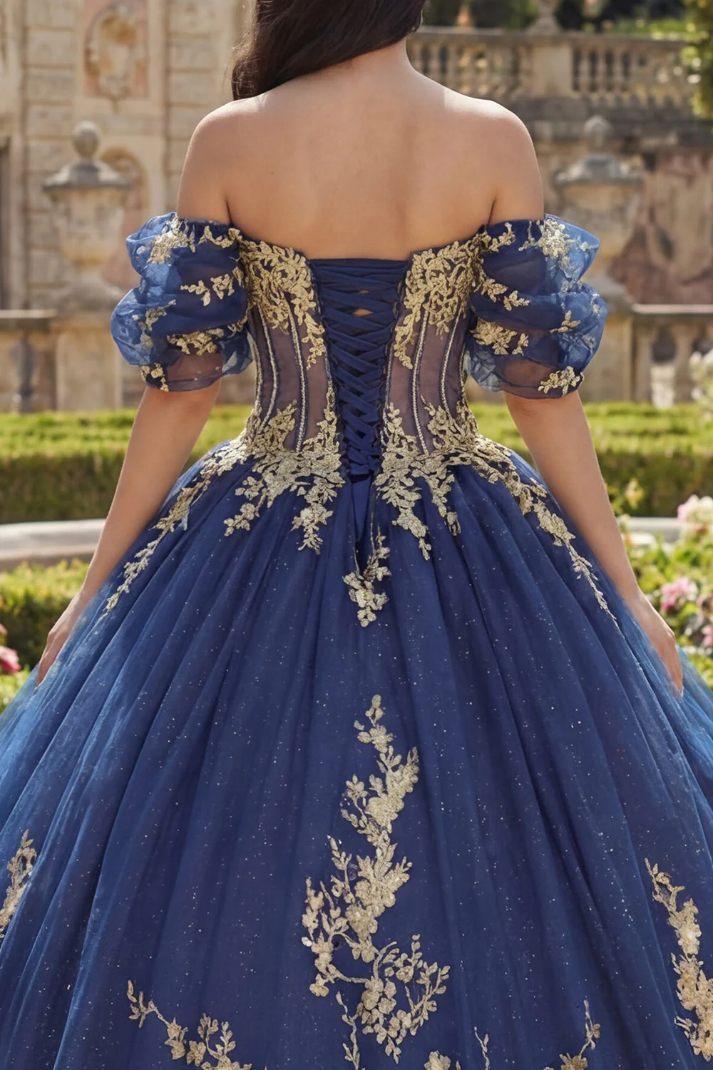 Off The Shoulder Navy Ball Gown Quinceanera Dress with Appliques - Image 4
