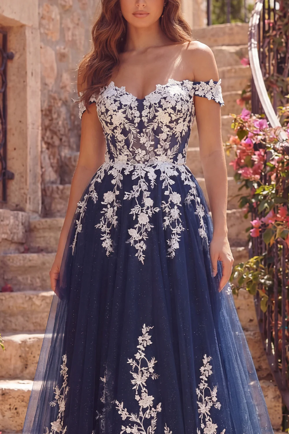 Off The Shoulder Navy Floral A Line Long Tulle Prom Dress - Image 3