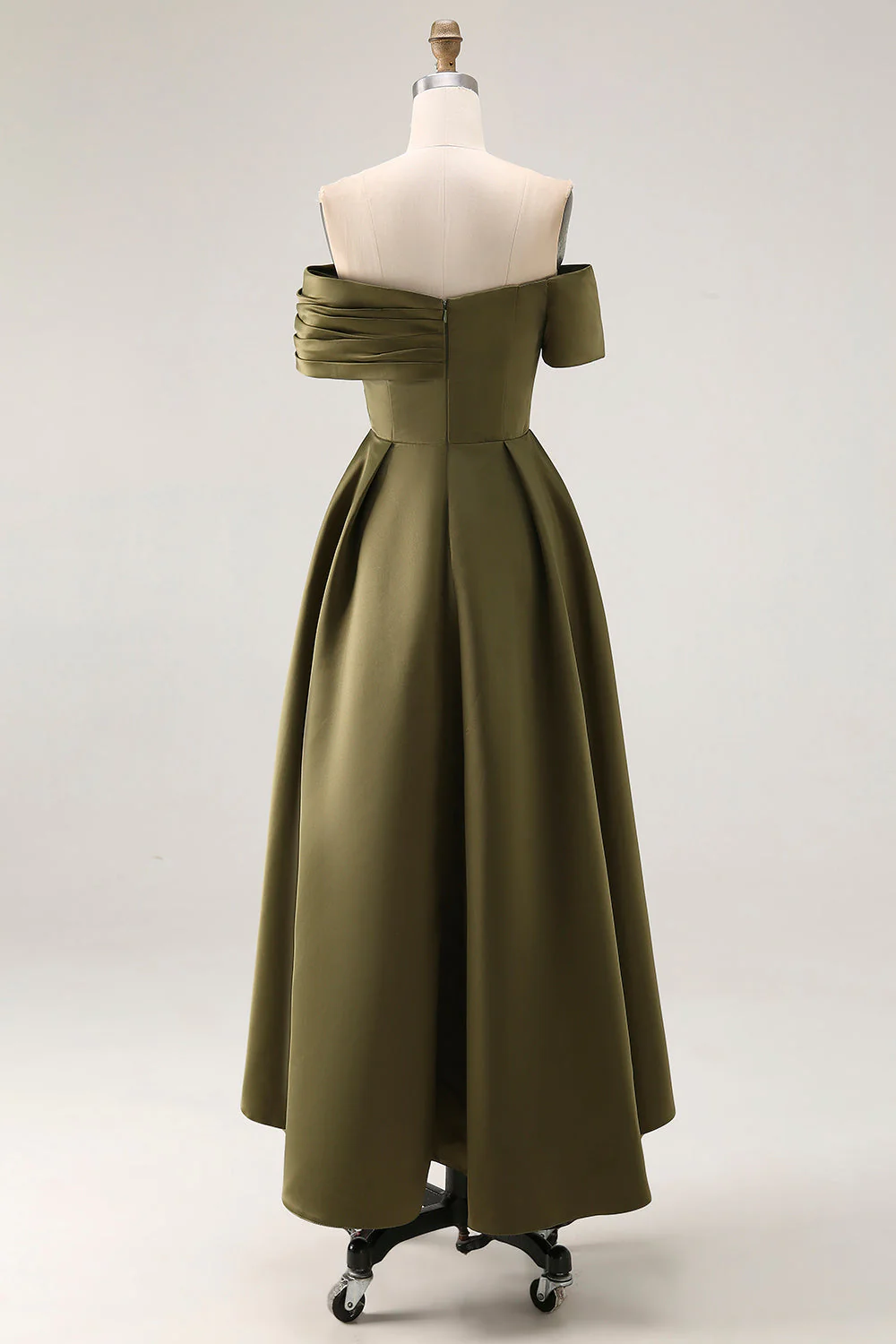Off the Shoulder Olive A-Line Ruched Satin Ankle Length Mother of the Bride Dress - Image 2