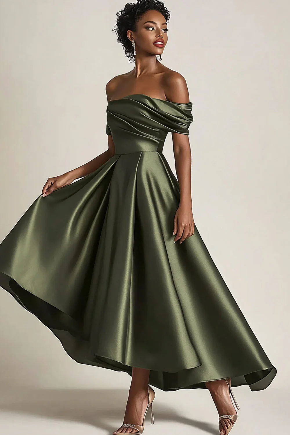 Off the Shoulder Olive A-Line Ruched Satin Ankle Length Mother of the Bride Dress - Image 3