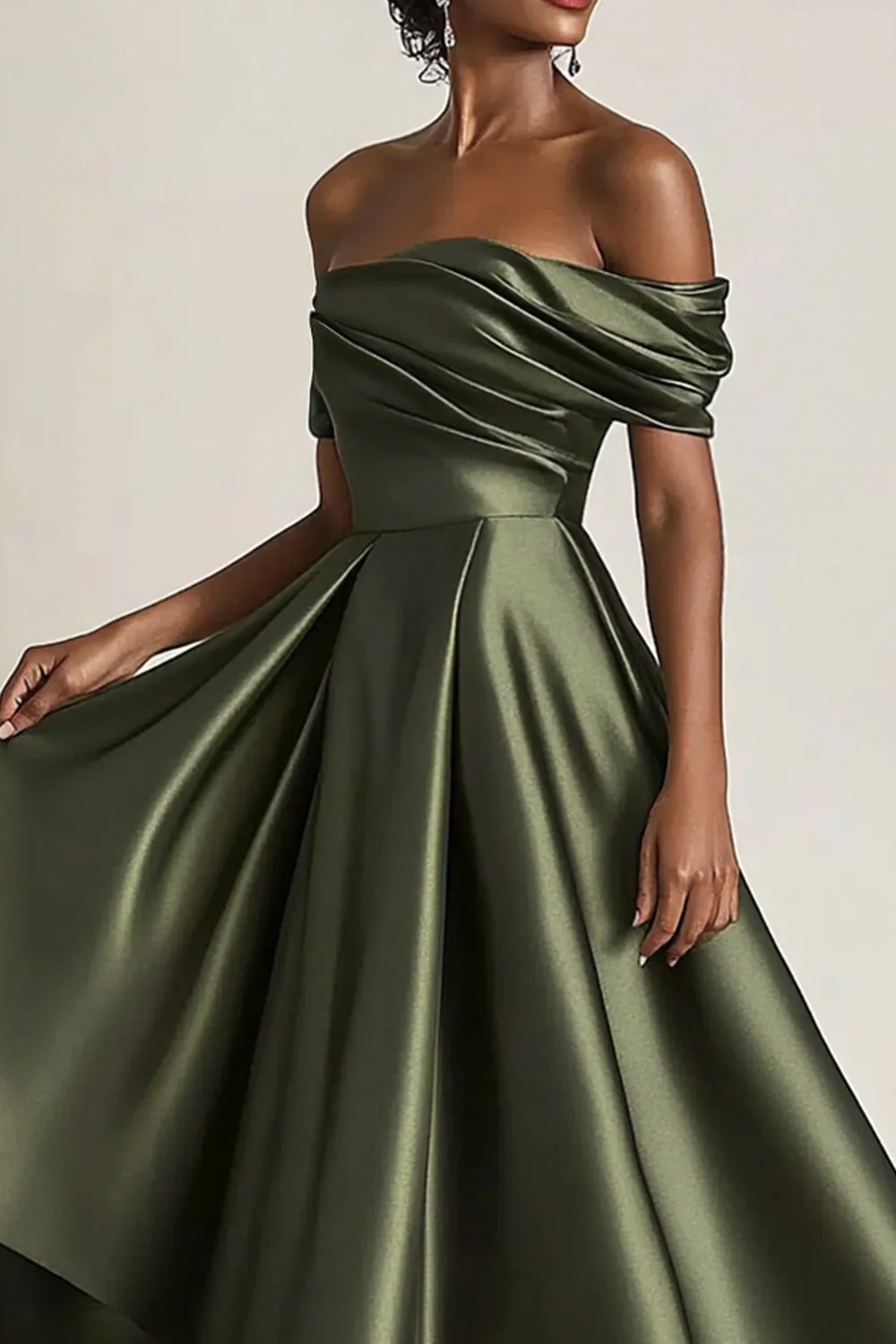 Off the Shoulder Olive A-Line Ruched Satin Ankle Length Mother of the Bride Dress - Image 4