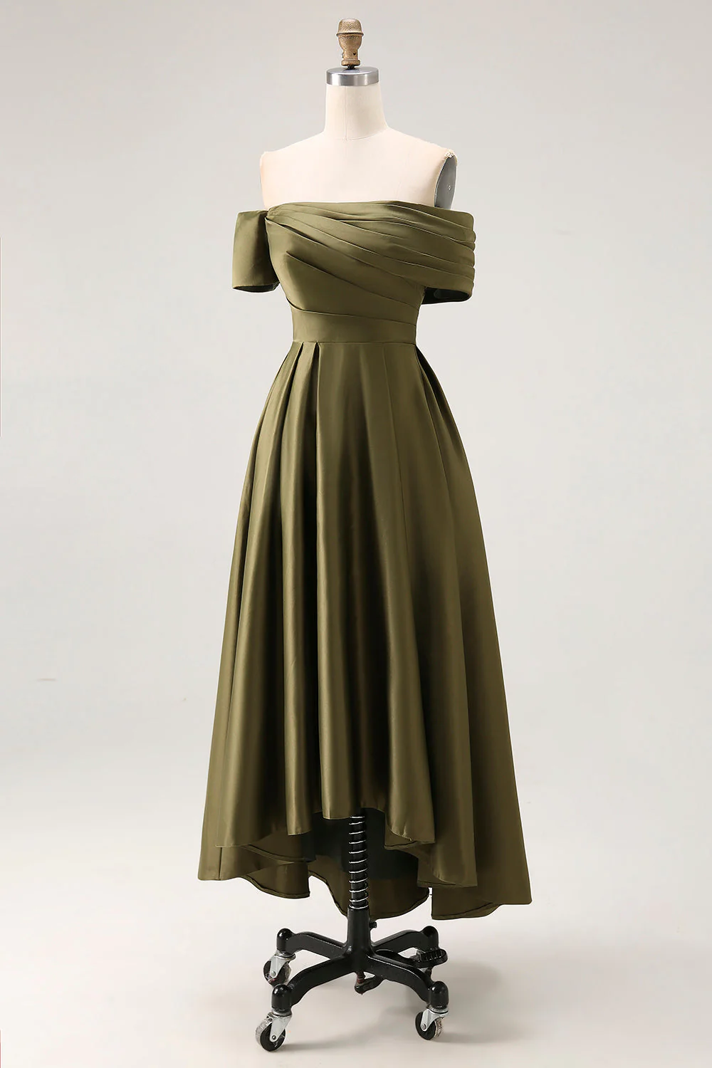 Off the Shoulder Olive A-Line Ruched Satin Ankle Length Mother of the Bride Dress - Image 5
