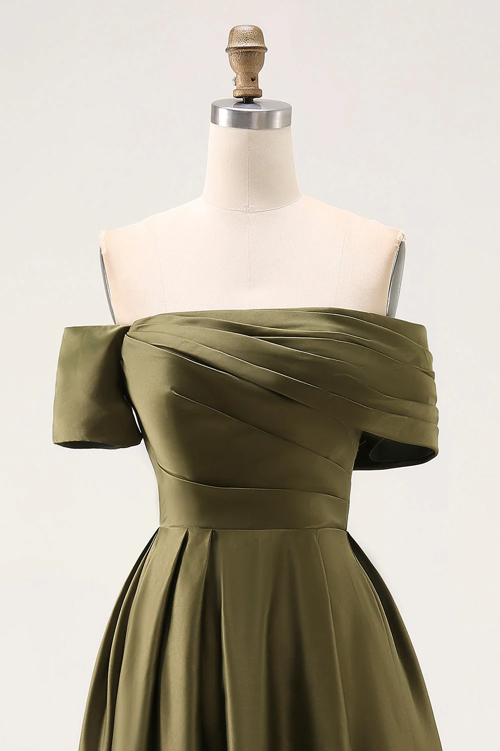 Off the Shoulder Olive A-Line Ruched Satin Ankle Length Mother of the Bride Dress - Image 6