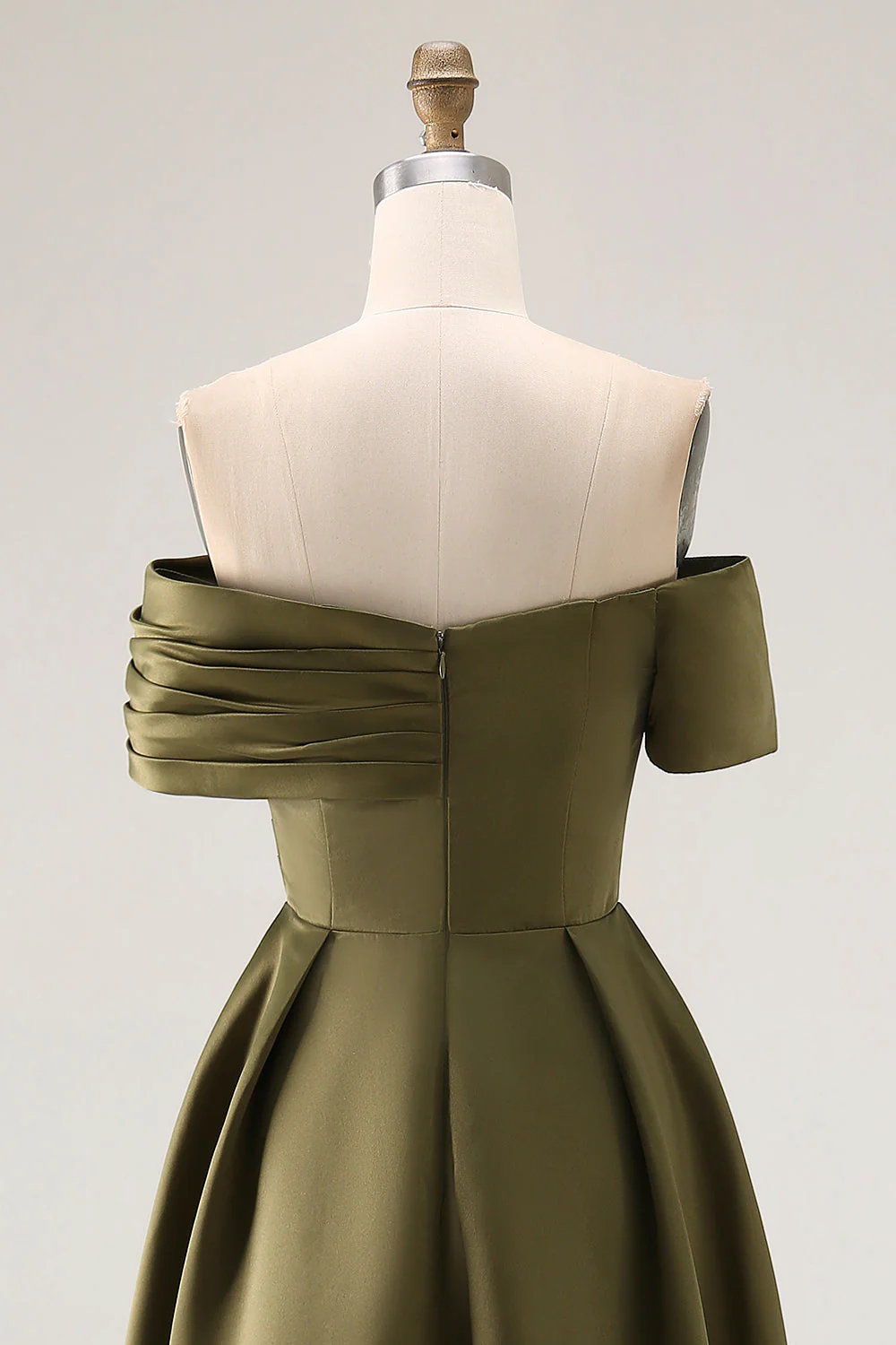 Off the Shoulder Olive A-Line Ruched Satin Ankle Length Mother of the Bride Dress - Image 7