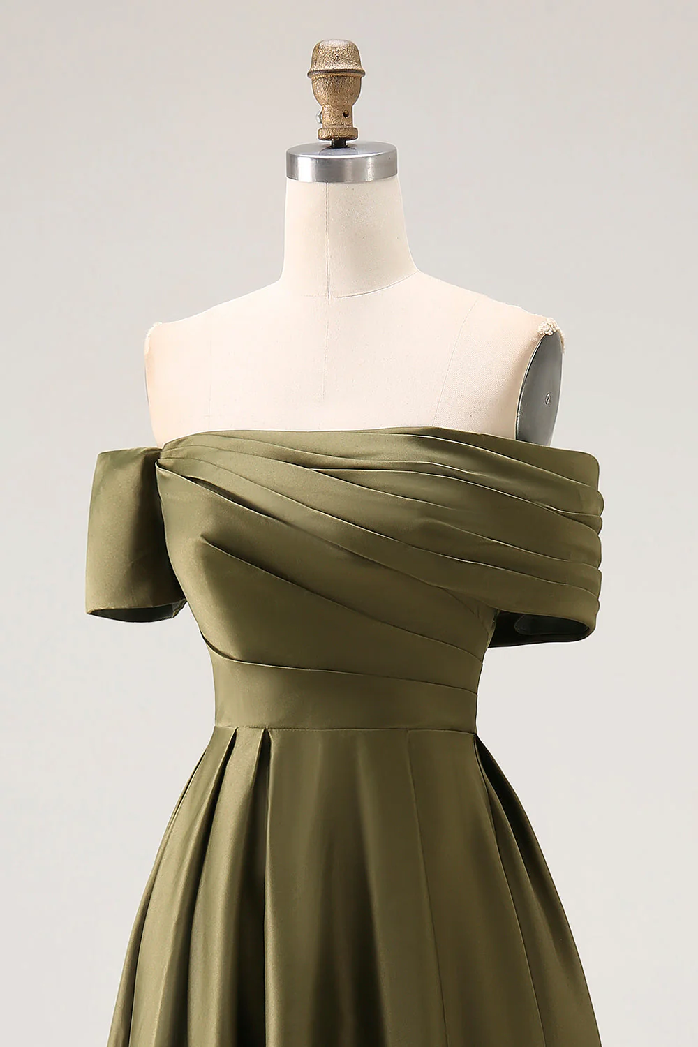 Off the Shoulder Olive A-Line Ruched Satin Ankle Length Mother of the Bride Dress - Image 8