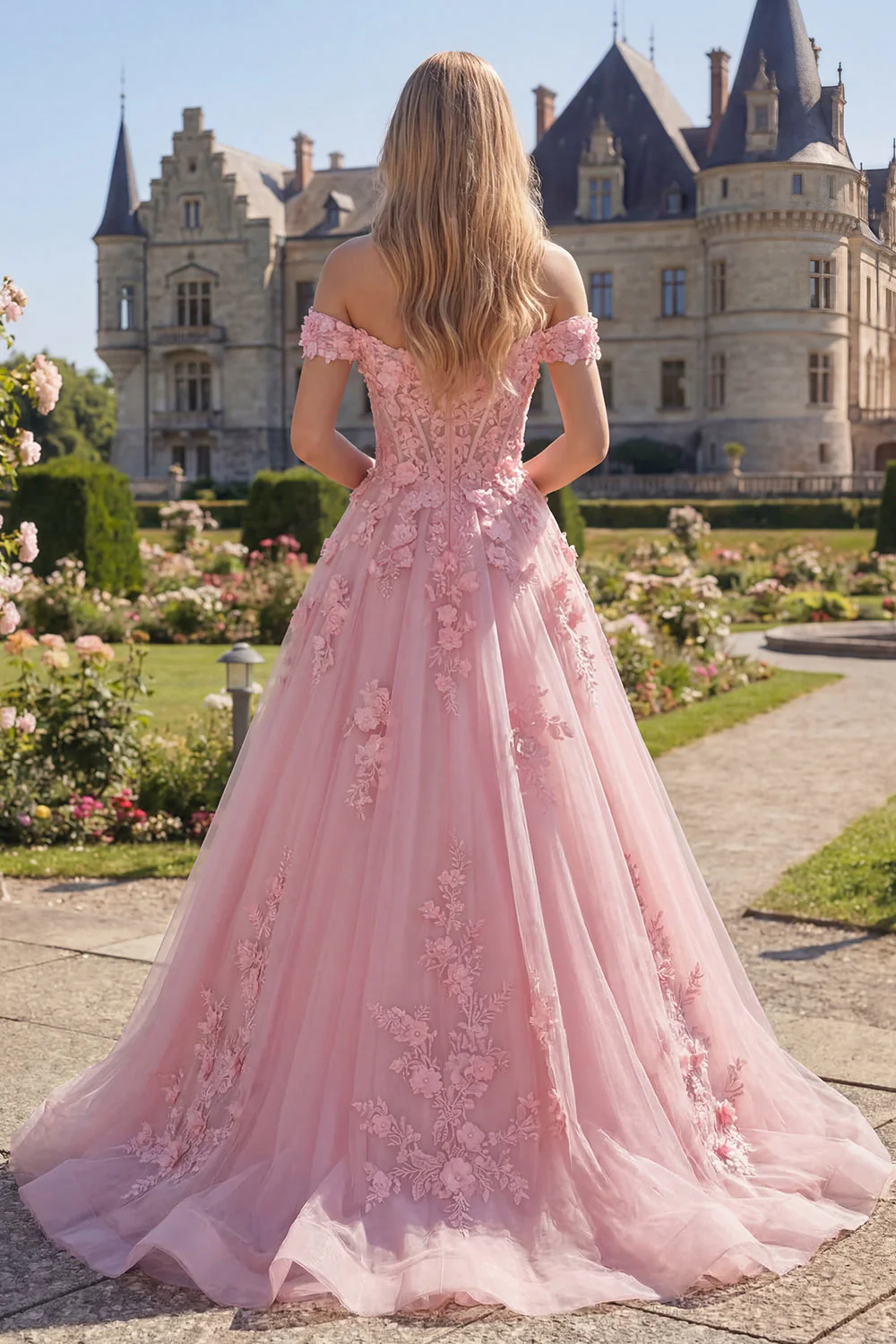 Off The Shoulder Pink A-Line Long Corset Prom Dress with 3D Flowers - Image 2