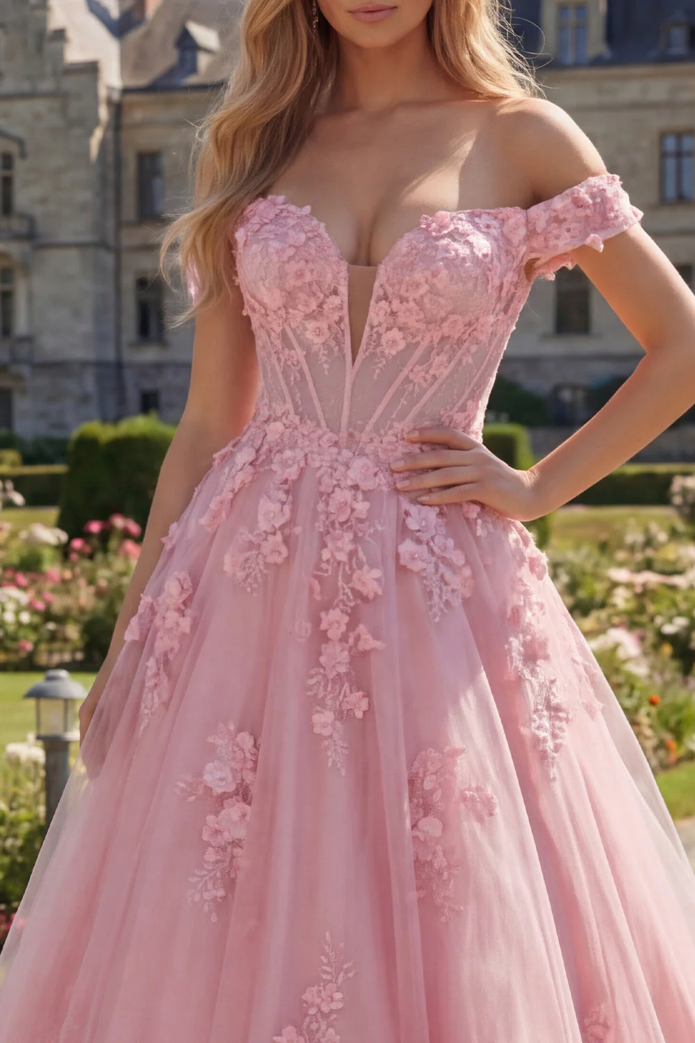 Off The Shoulder Pink A-Line Long Corset Prom Dress with 3D Flowers - Image 3