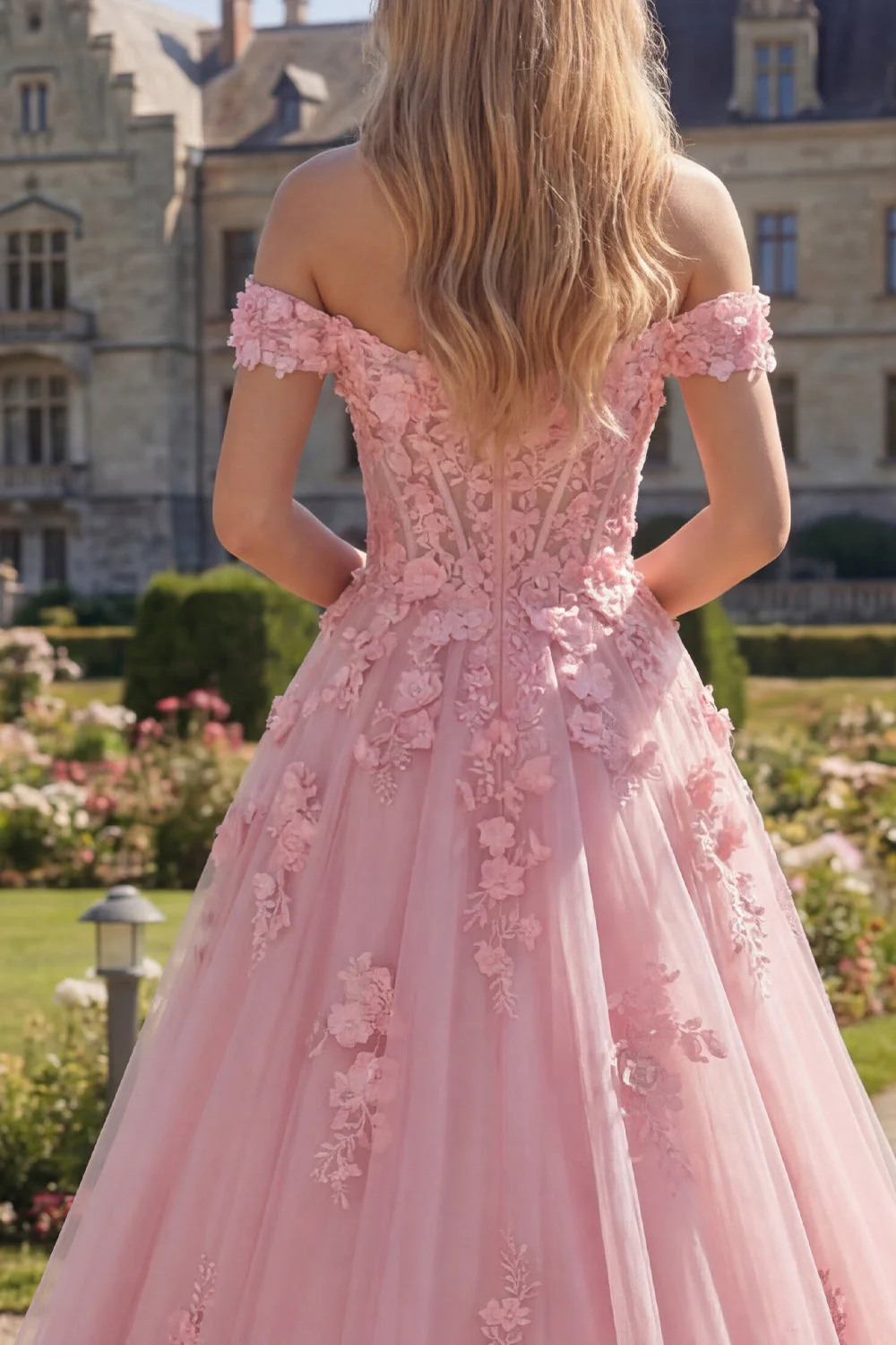 Off The Shoulder Pink A-Line Long Corset Prom Dress with 3D Flowers - Image 4