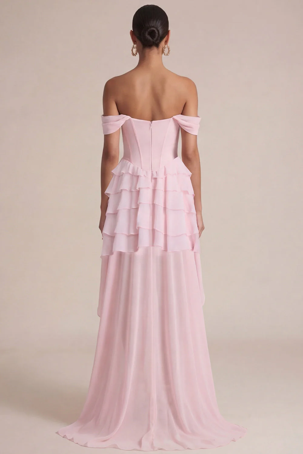 Off the Shoulder Pink A Line Ruffled Corset High-Low Dress - Image 2