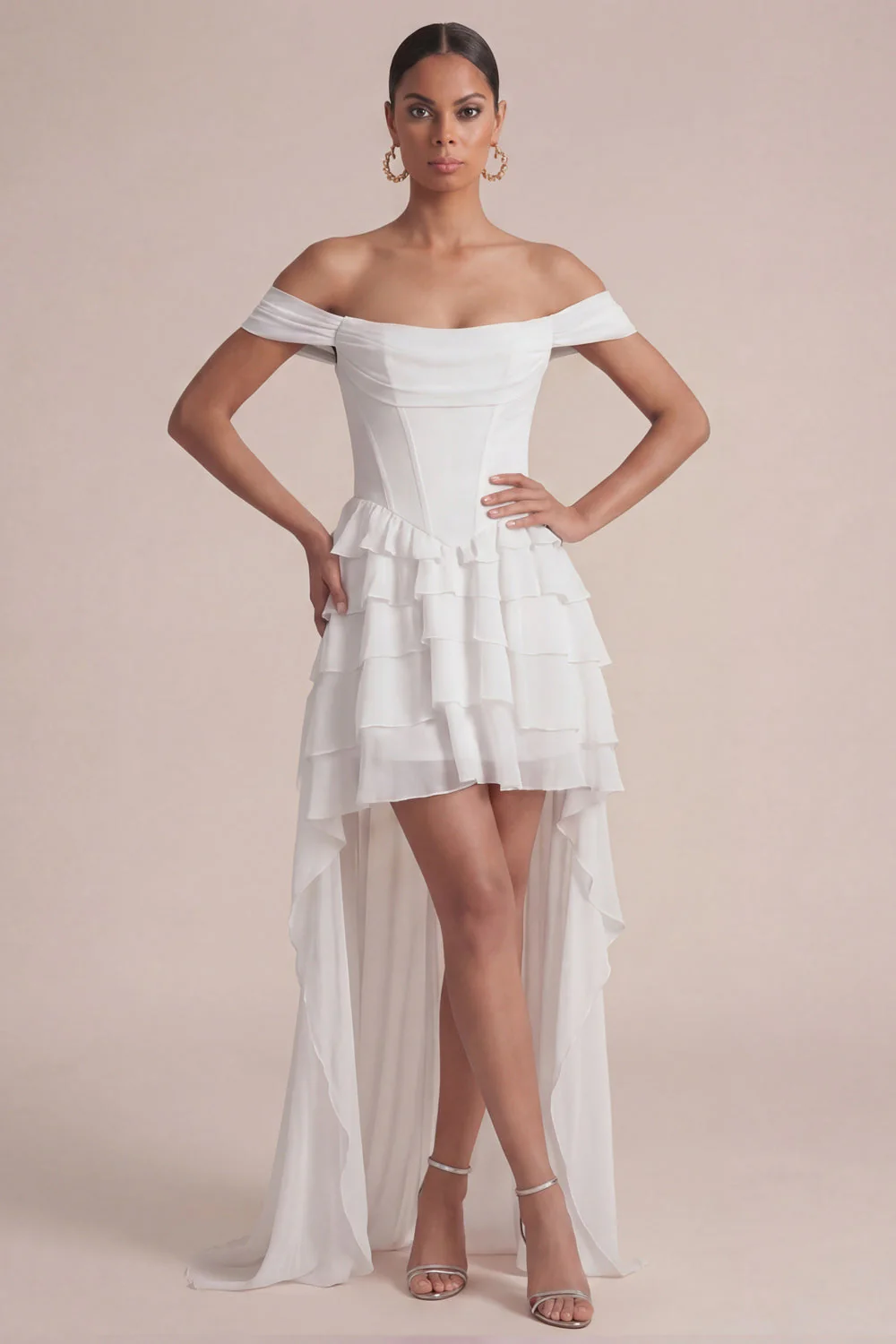 Off the Shoulder Pink A Line Ruffled Corset High-Low Dress - Image 5