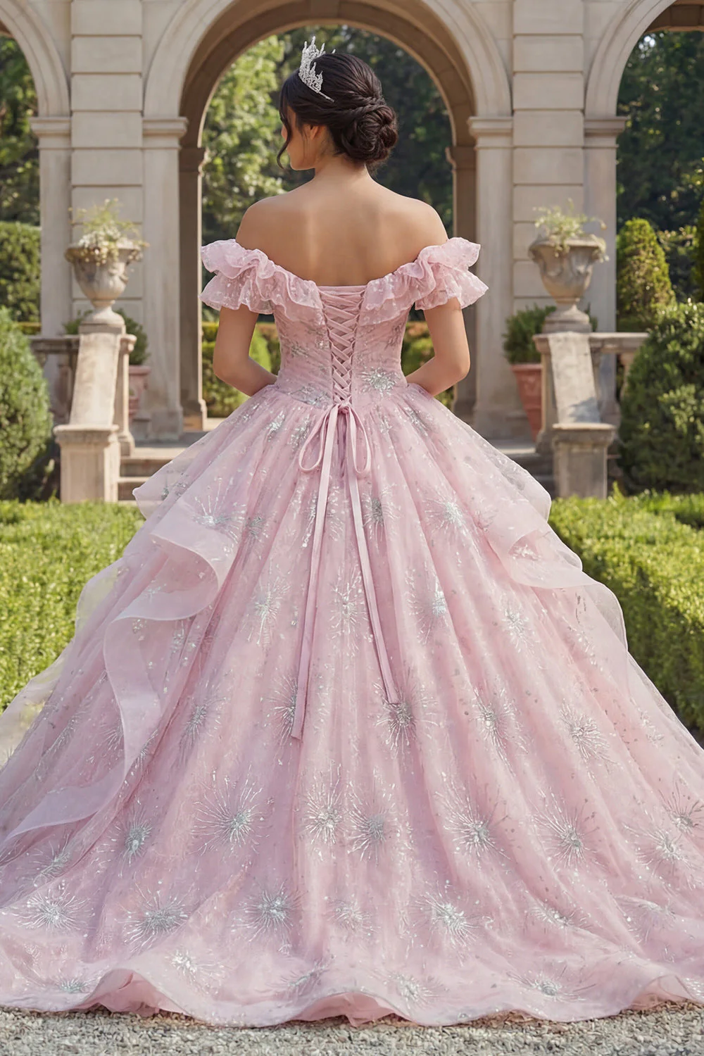 Off the Shoulder Pink Glitter Ruffled Ball Gown Quinceanera Dress - Image 2