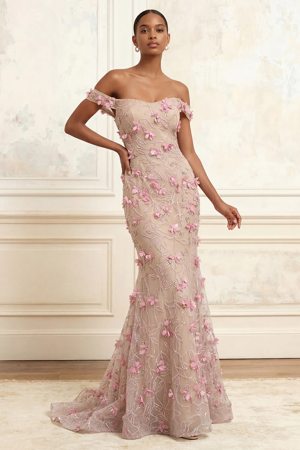 Pink Off the Shoulder Mermaid Floral Long Prom Dress with 3D Flowers