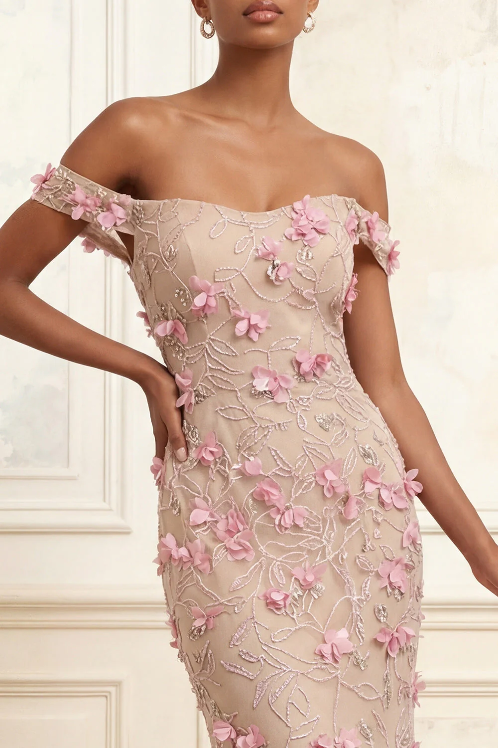 Pink Off the Shoulder Mermaid Floral Long Prom Dress with 3D Flowers - Image 3