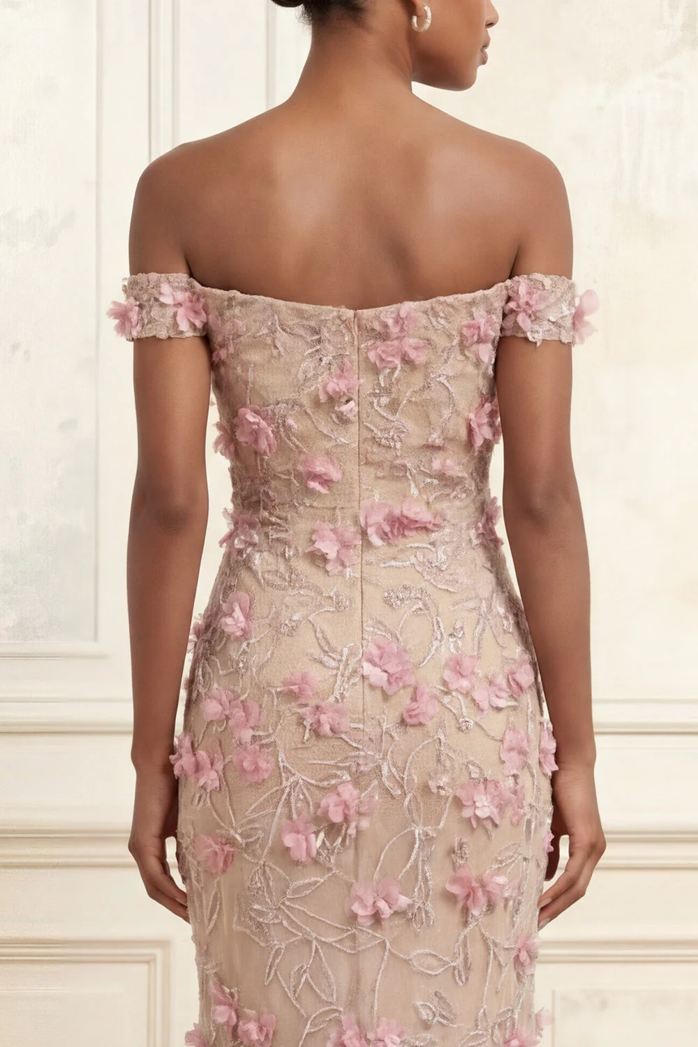 Pink Off the Shoulder Mermaid Floral Long Prom Dress with 3D Flowers - Image 4
