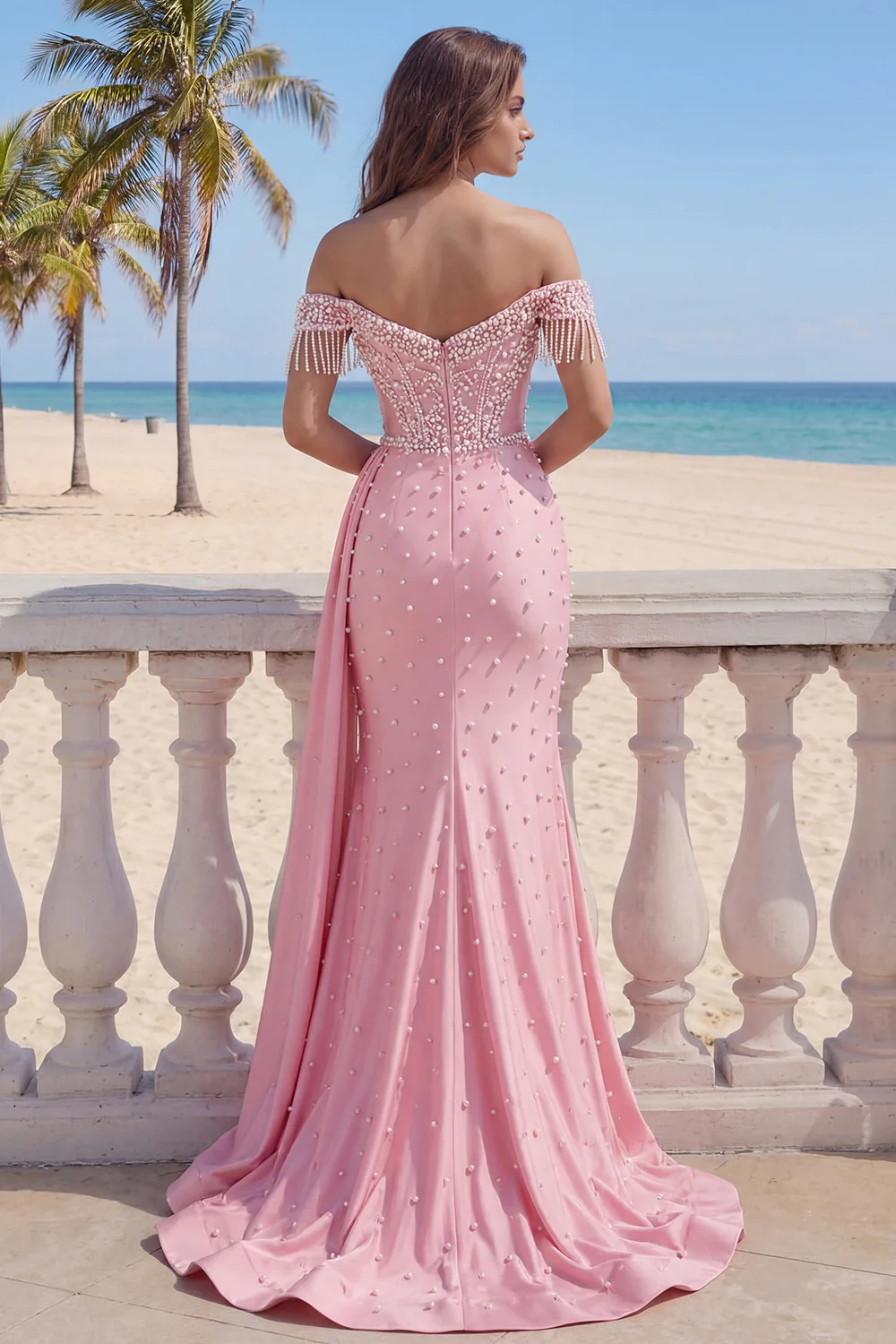 Off The Shoulder Pink Mermaid Ruched Pearls Long Prom Dress with Slit - Image 2