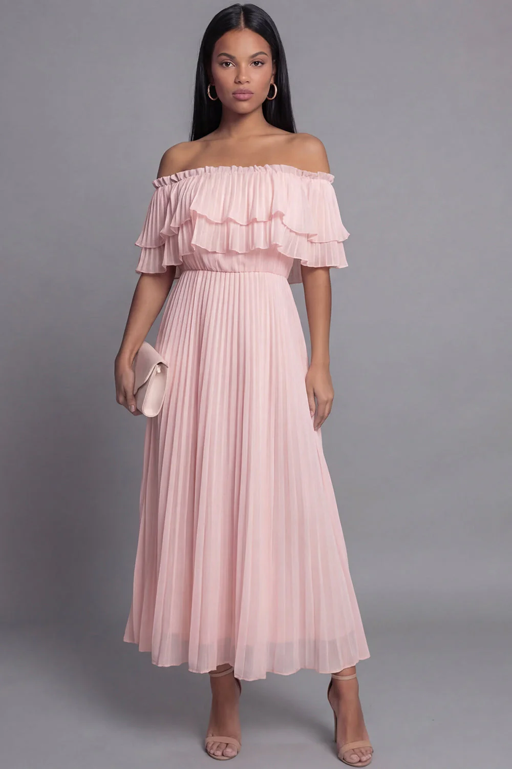 Off the Shoulder Pink Tulle Sheath Pleated Maxi Dress with Ruffles