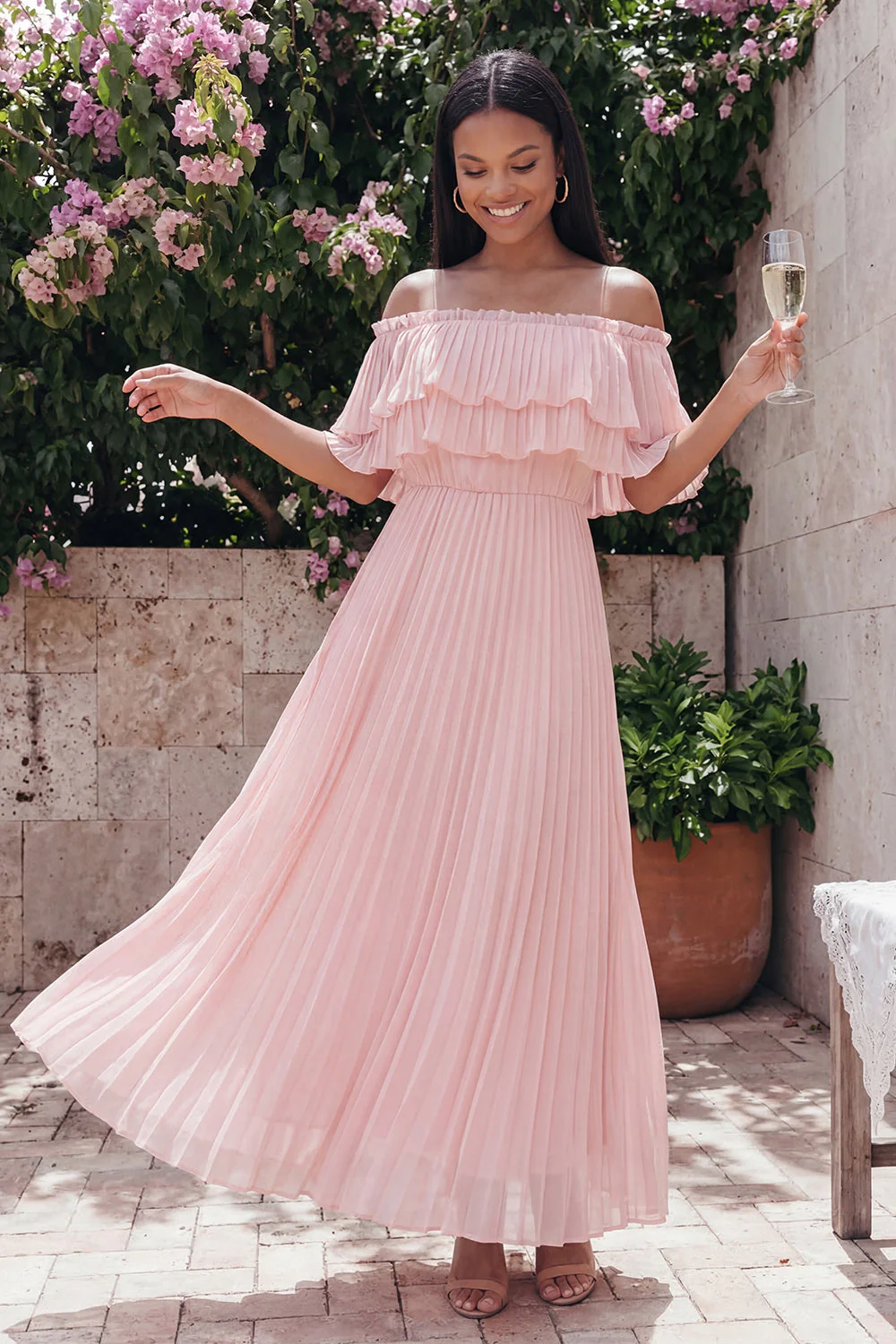 Off the Shoulder Pink Tulle Sheath Pleated Maxi Dress with Ruffles - Image 2