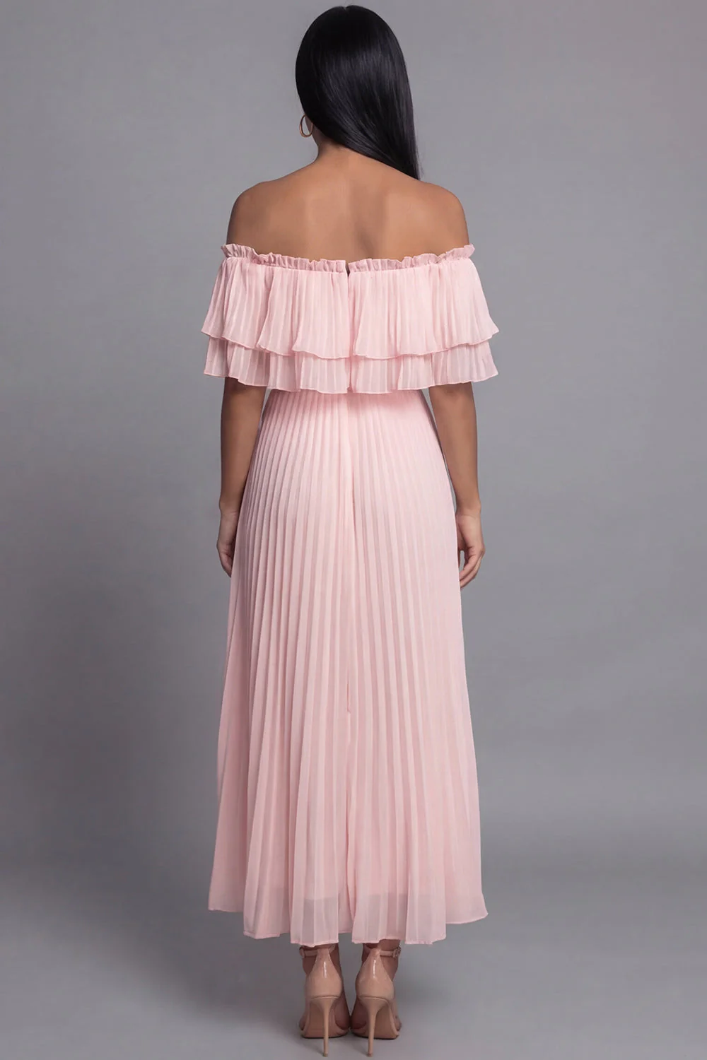 Off the Shoulder Pink Tulle Sheath Pleated Maxi Dress with Ruffles - Image 3
