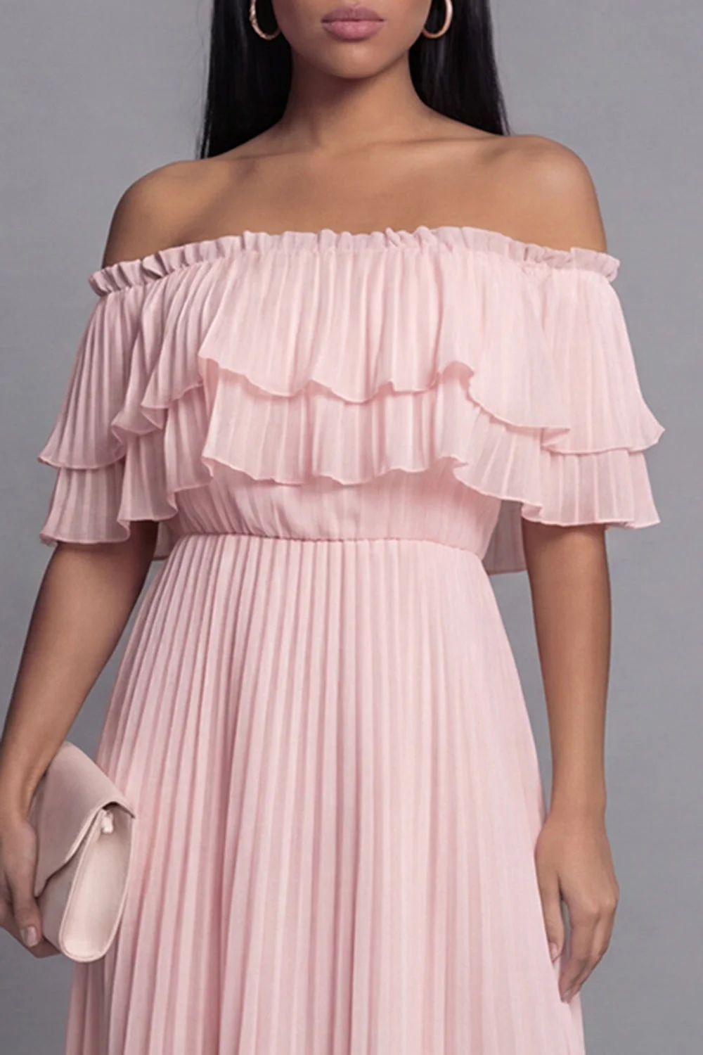 Off the Shoulder Pink Tulle Sheath Pleated Maxi Dress with Ruffles - Image 4