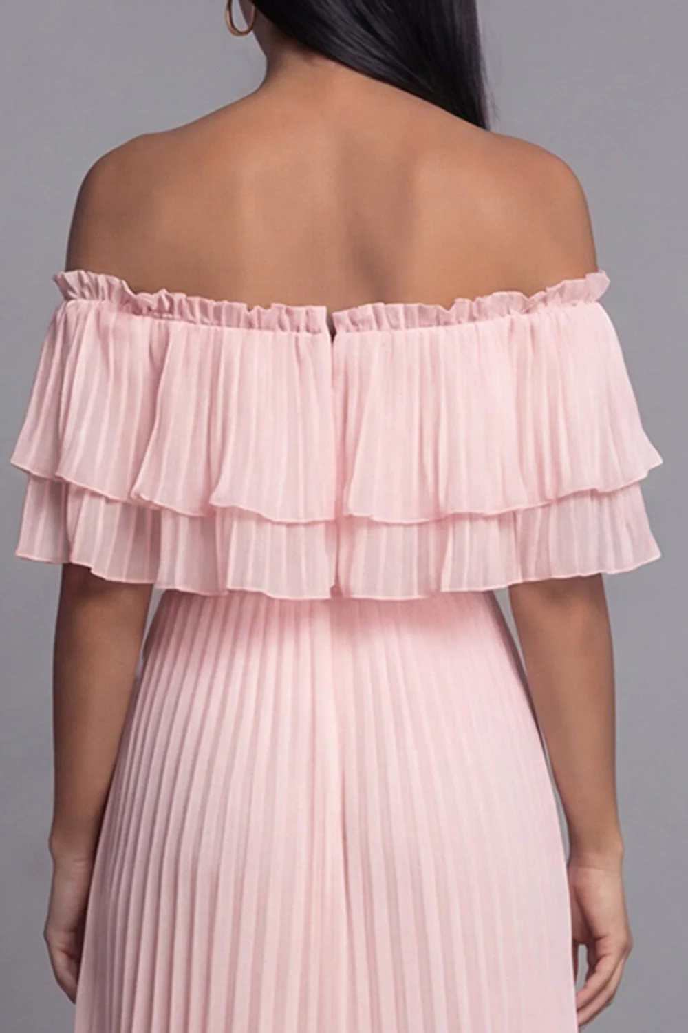 Off the Shoulder Pink Tulle Sheath Pleated Maxi Dress with Ruffles - Image 5