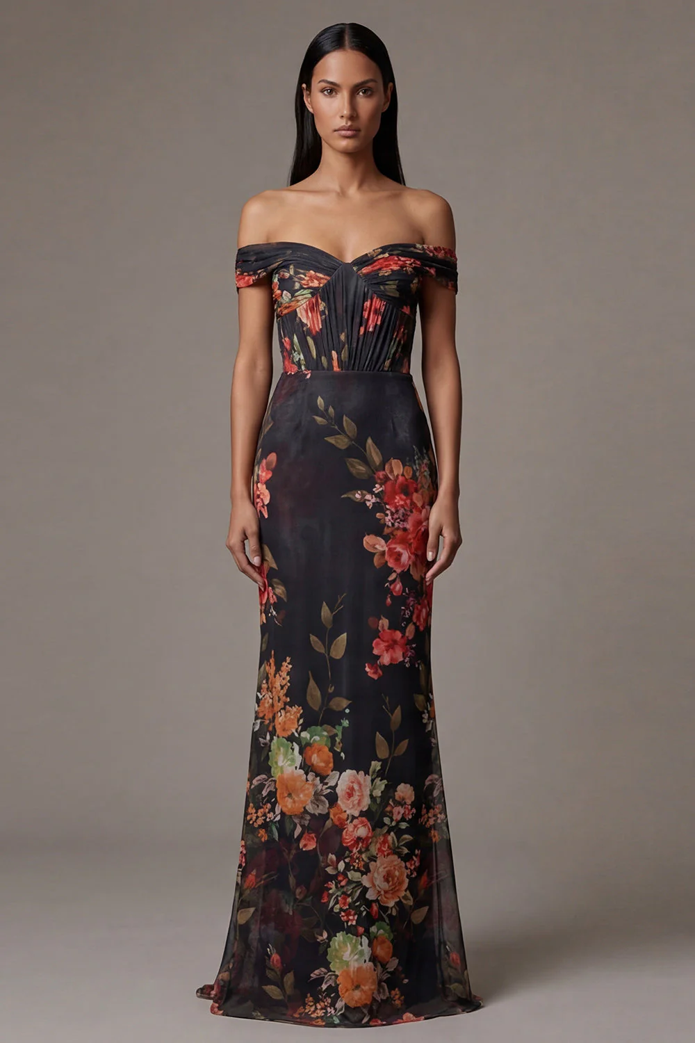 Off The Shoulder Printed Cut Out Black Floral Dress