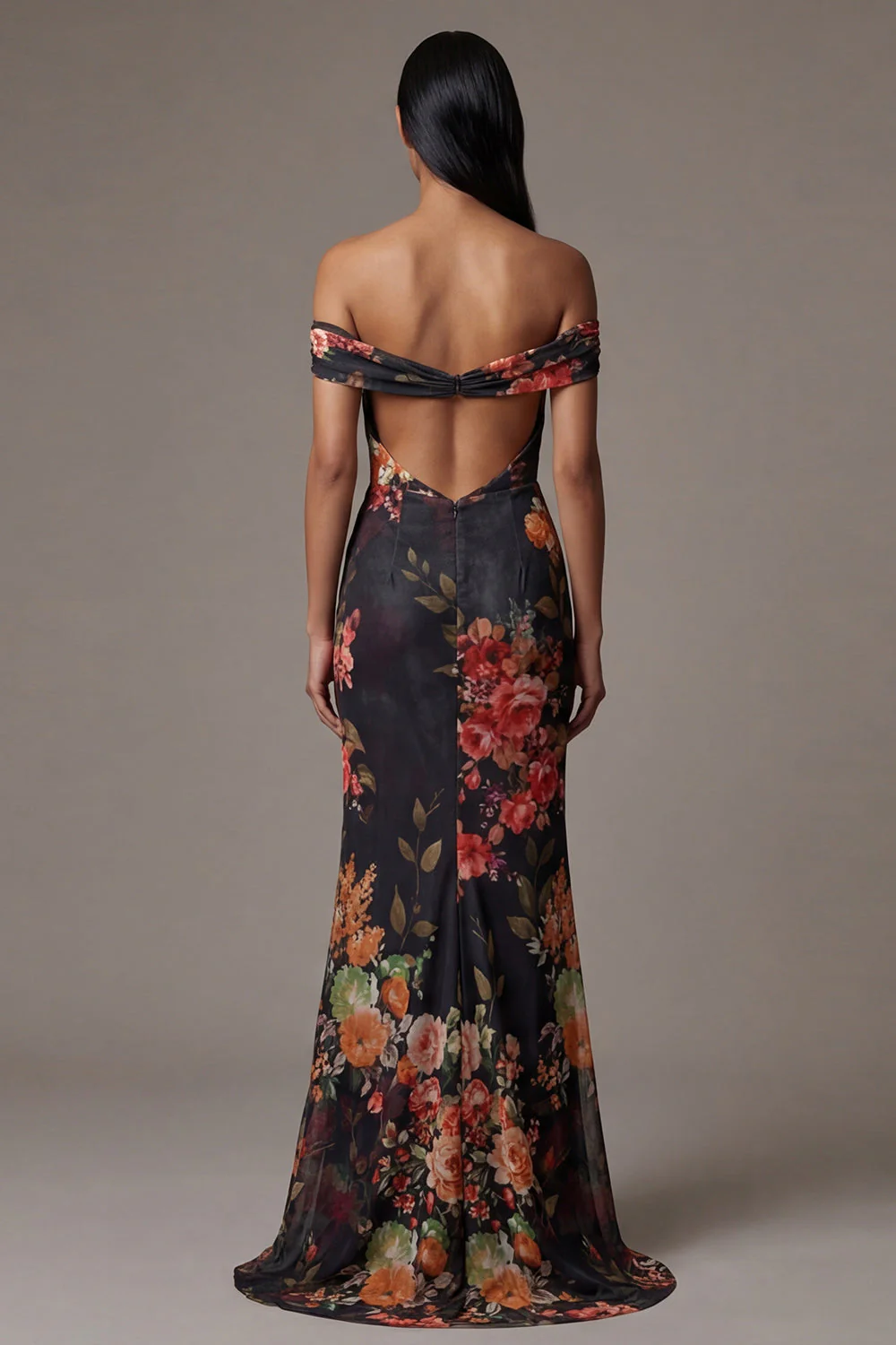 Off The Shoulder Printed Cut Out Black Floral Dress - Image 2