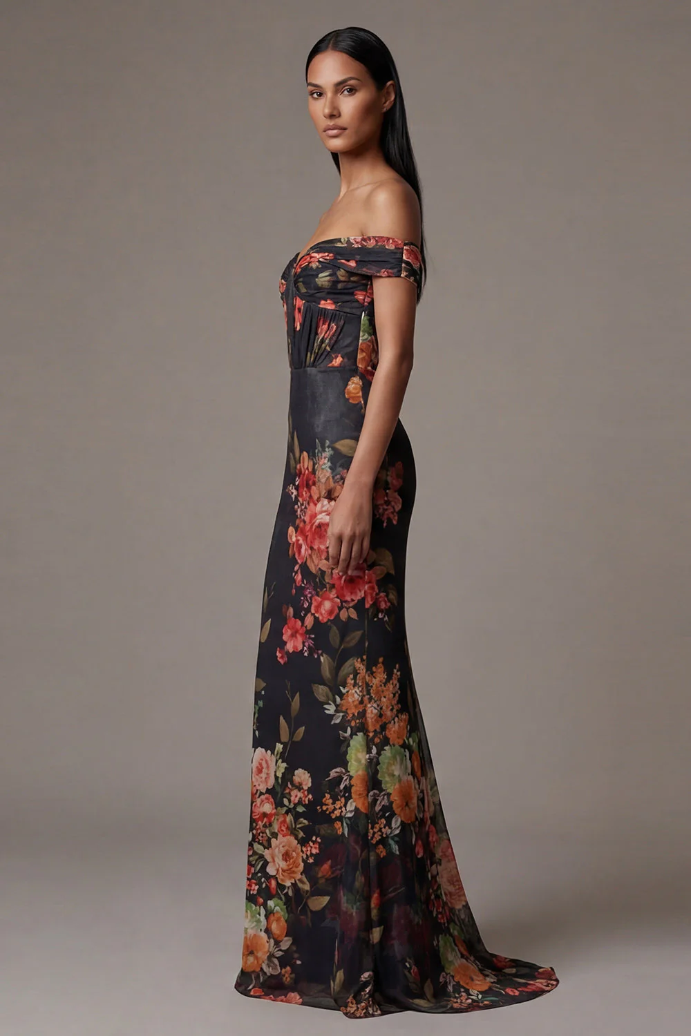 Off The Shoulder Printed Cut Out Black Floral Dress - Image 3